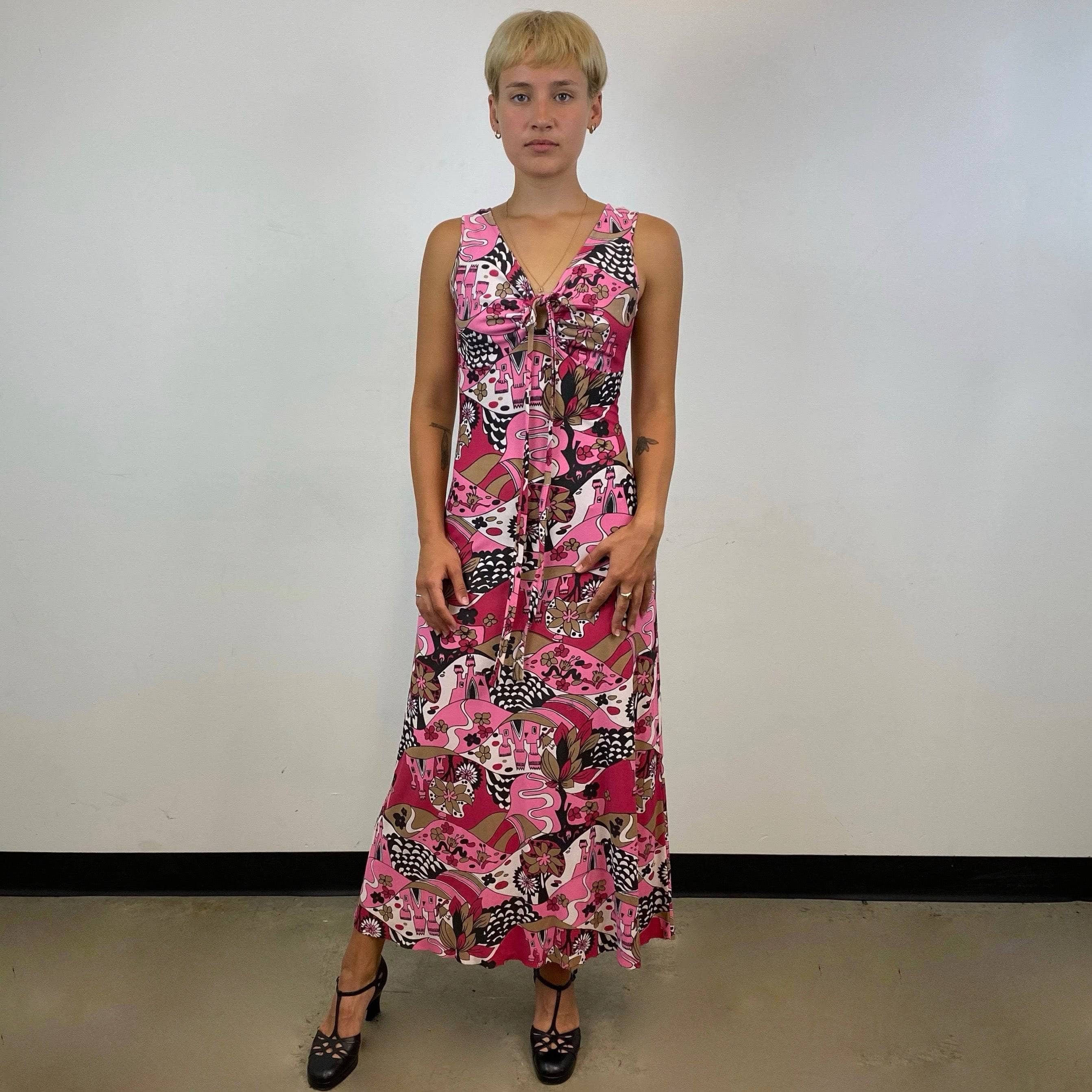 1970s Sleeveless Bold Print Maxi Dress size small sold by bohemevintage.com