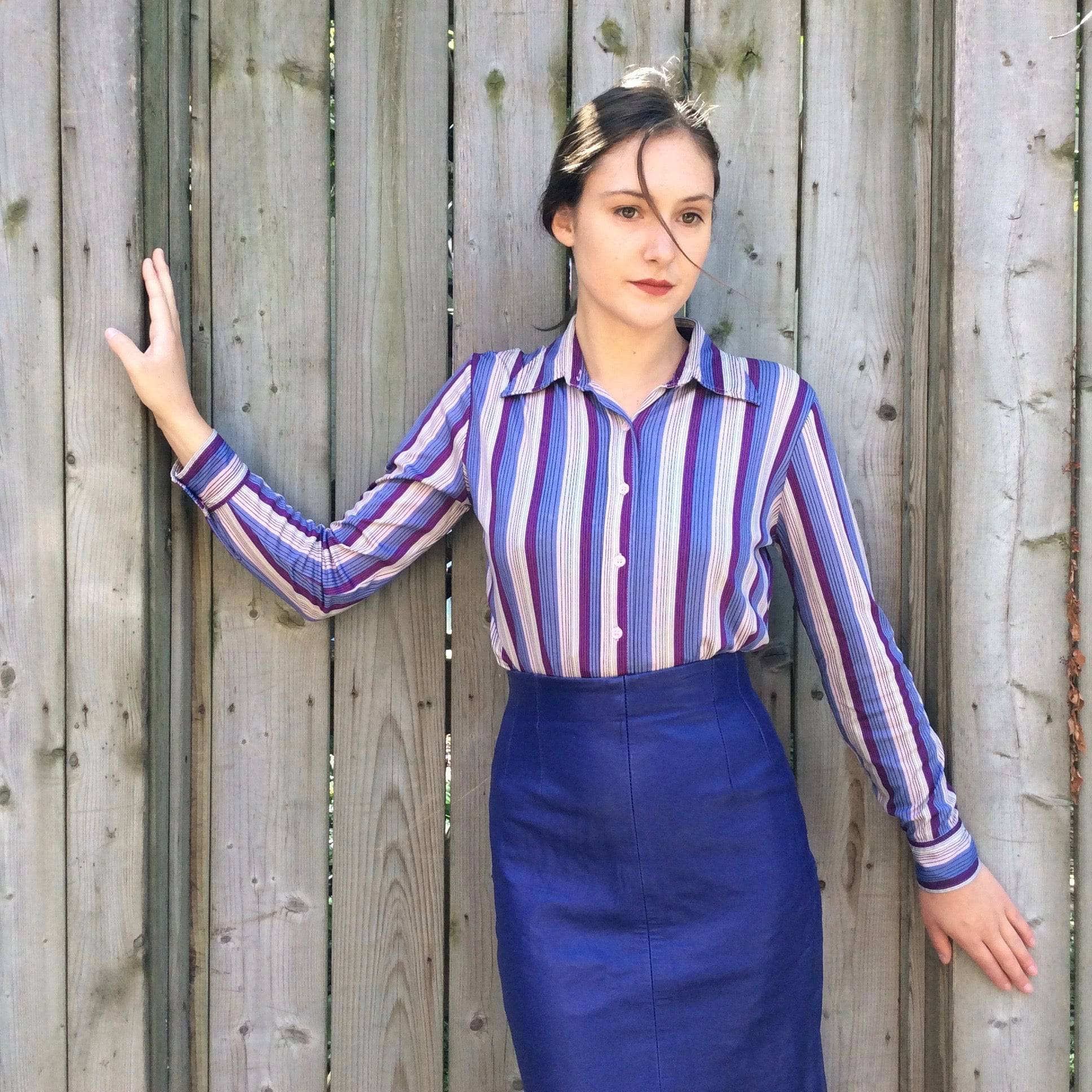 1970s Striped Purple Button-up Shirt Size Small/Medium, sold by bohemevintage.com Montréal