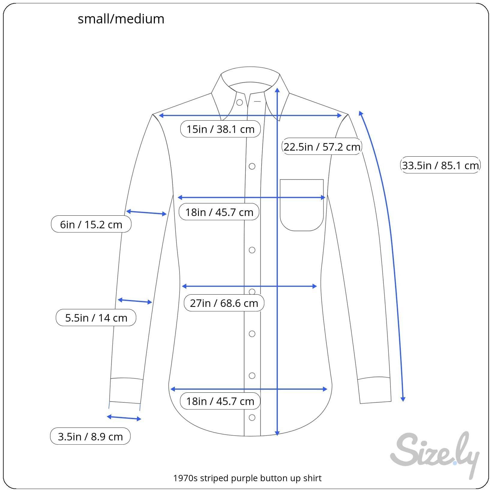 Measurmments of 1970s Striped Purple Button-up Shirt Size Small/Medium, sold by bohemevintage.com Montréal