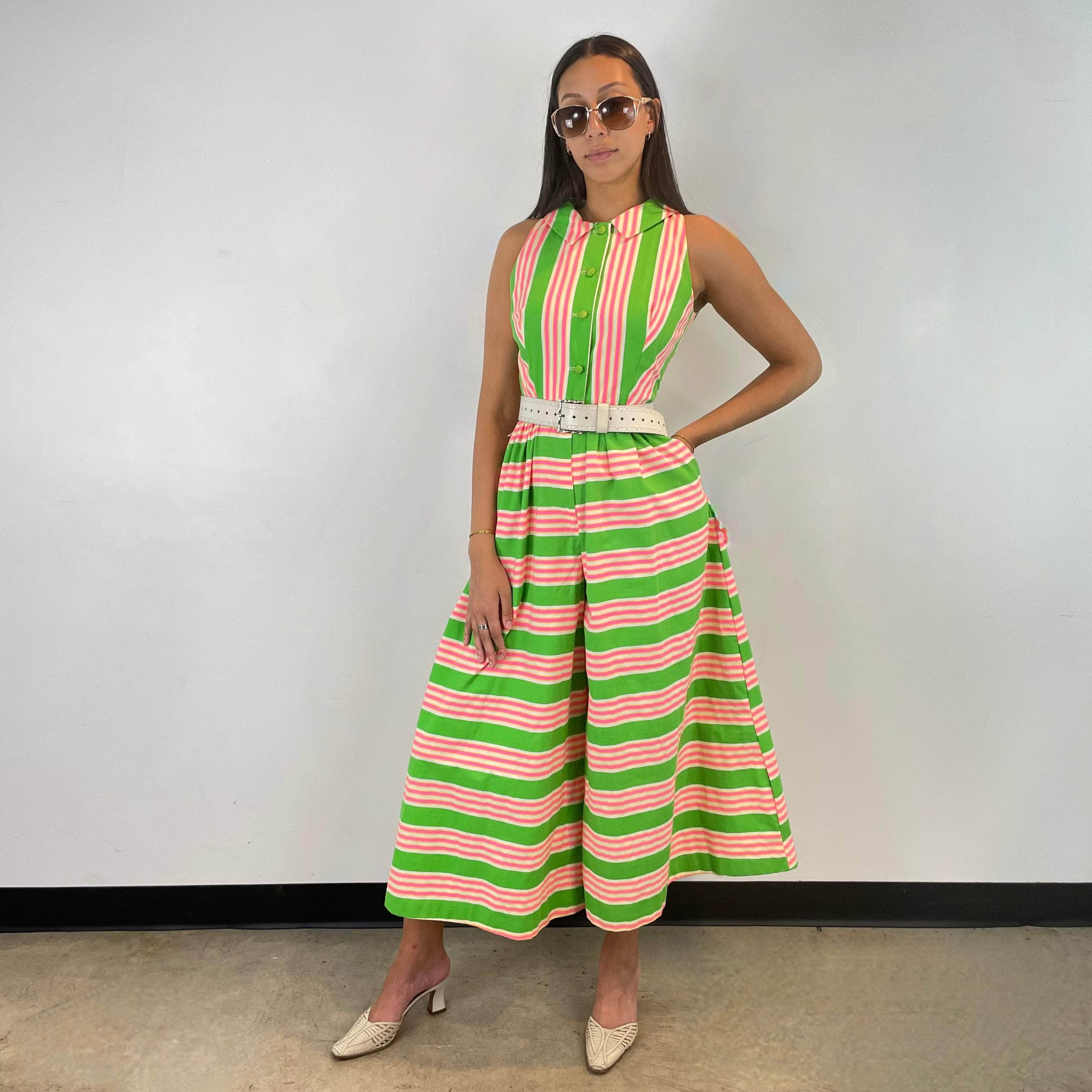 1970s Striped Wide Leg Cotton Jumpsuit Size small sold at bohemevintage.com Montreal