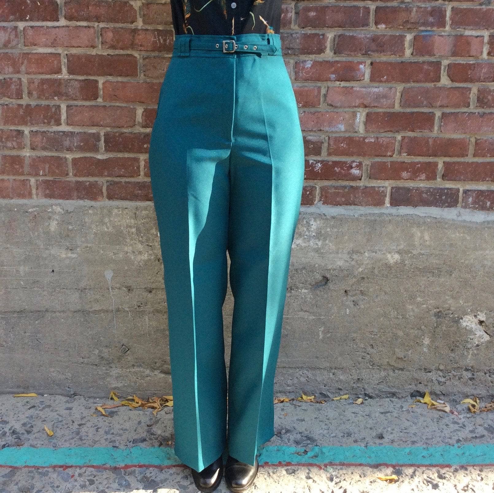 1970s Teal High Waisted Wide Leg Pants size Medium sold by bohemevintage.com Montreal