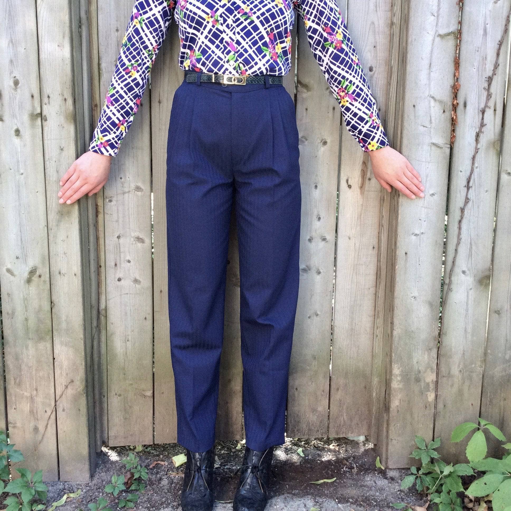 1980-90s navy blue high waisted pleated pants sold by Bohème Vintage