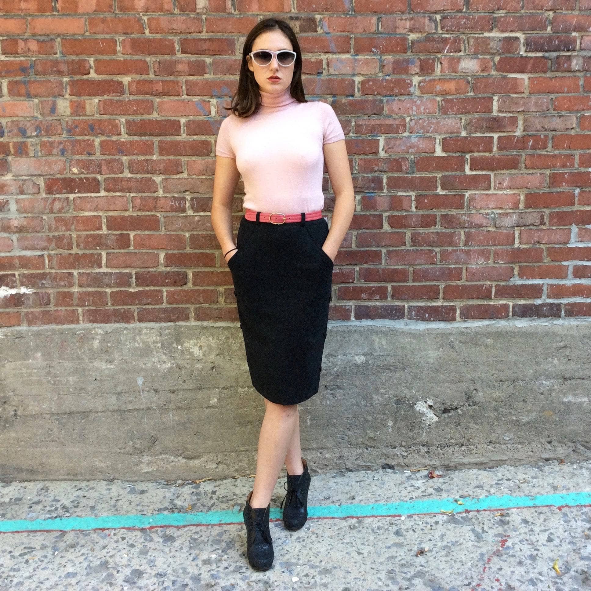 1980's Charcoal Grey Wool Pencil Skirt with Side Detailing, sold by bohemevintage.com Montréal