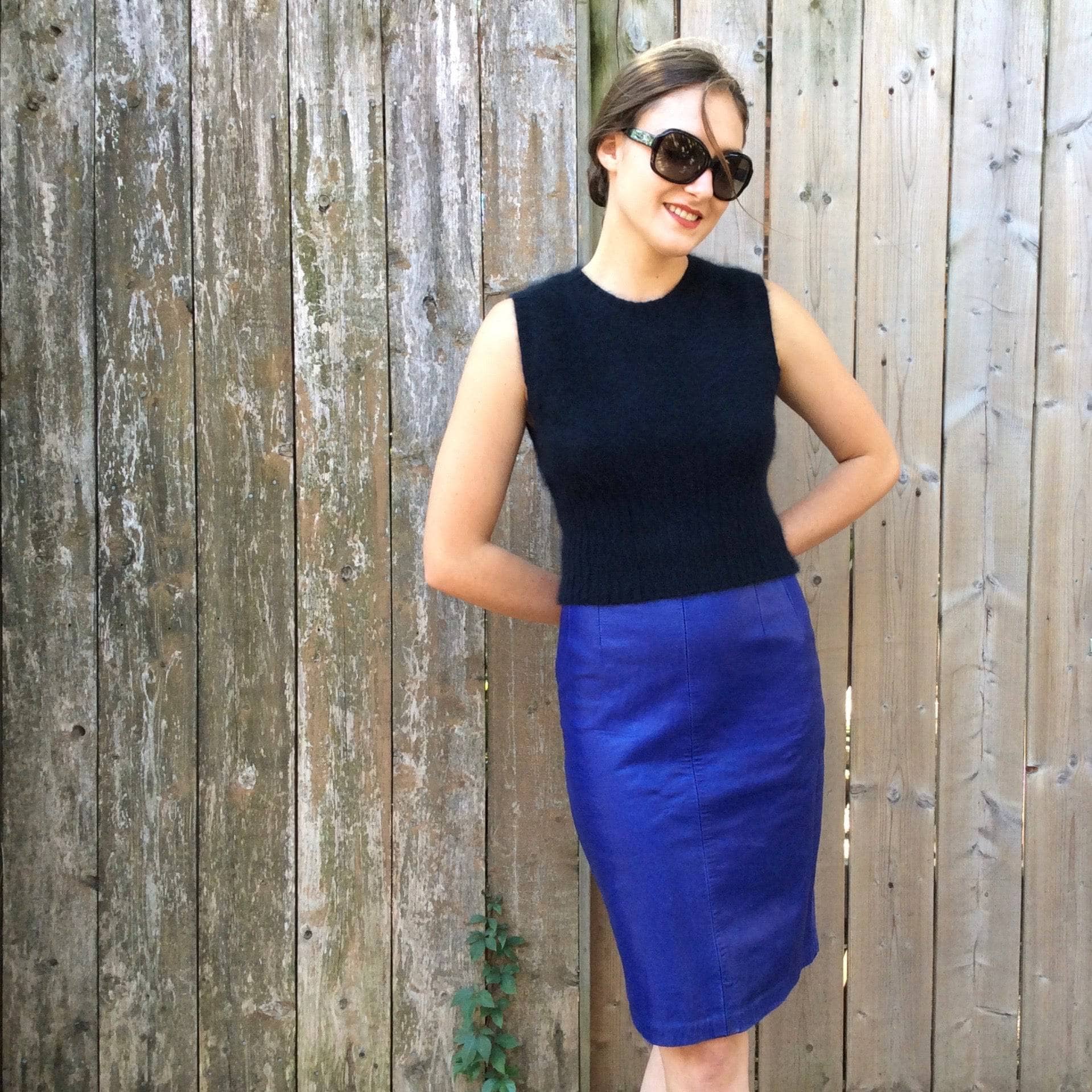 1980's | Purple Leather High-Waisted Knee length Fitted Skirt