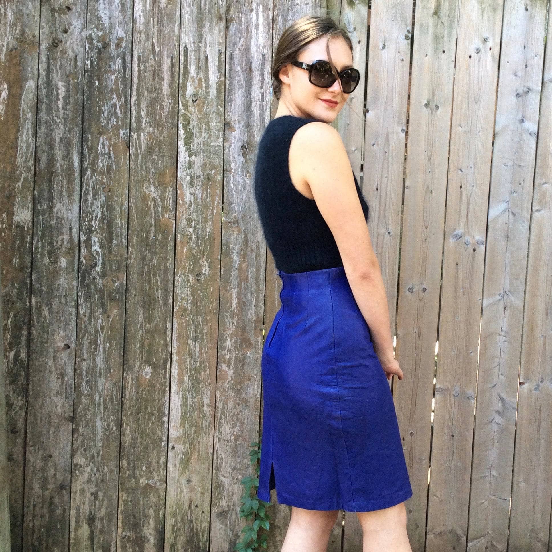 1980's | Purple Leather High-Waisted Knee length Fitted Skirt