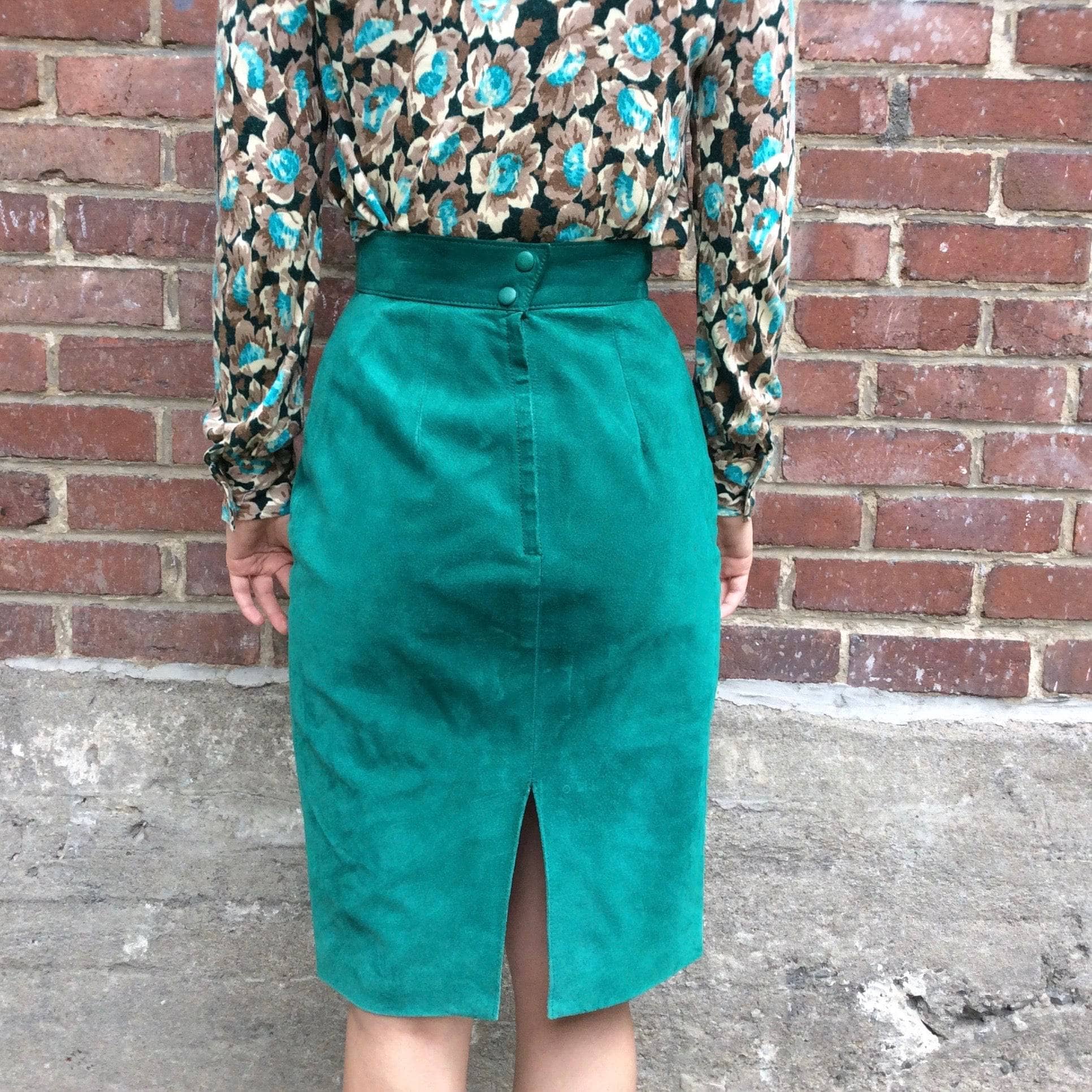 Green and grey suede colour block blazer and skirt two piece set Sold by bohemevintage.com