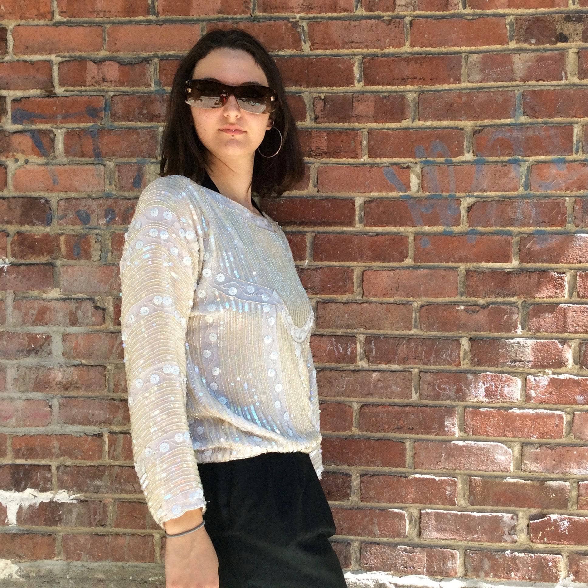 Side view of 1980s-1990s Ivory Beaded and Sequin Silk Top Size Small-Medium sold by bohemevintage.com Montreal