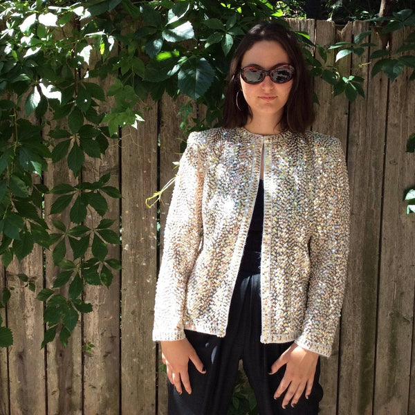 1980s 1990s Silver and Gold Sequin Short Jacket Medium
