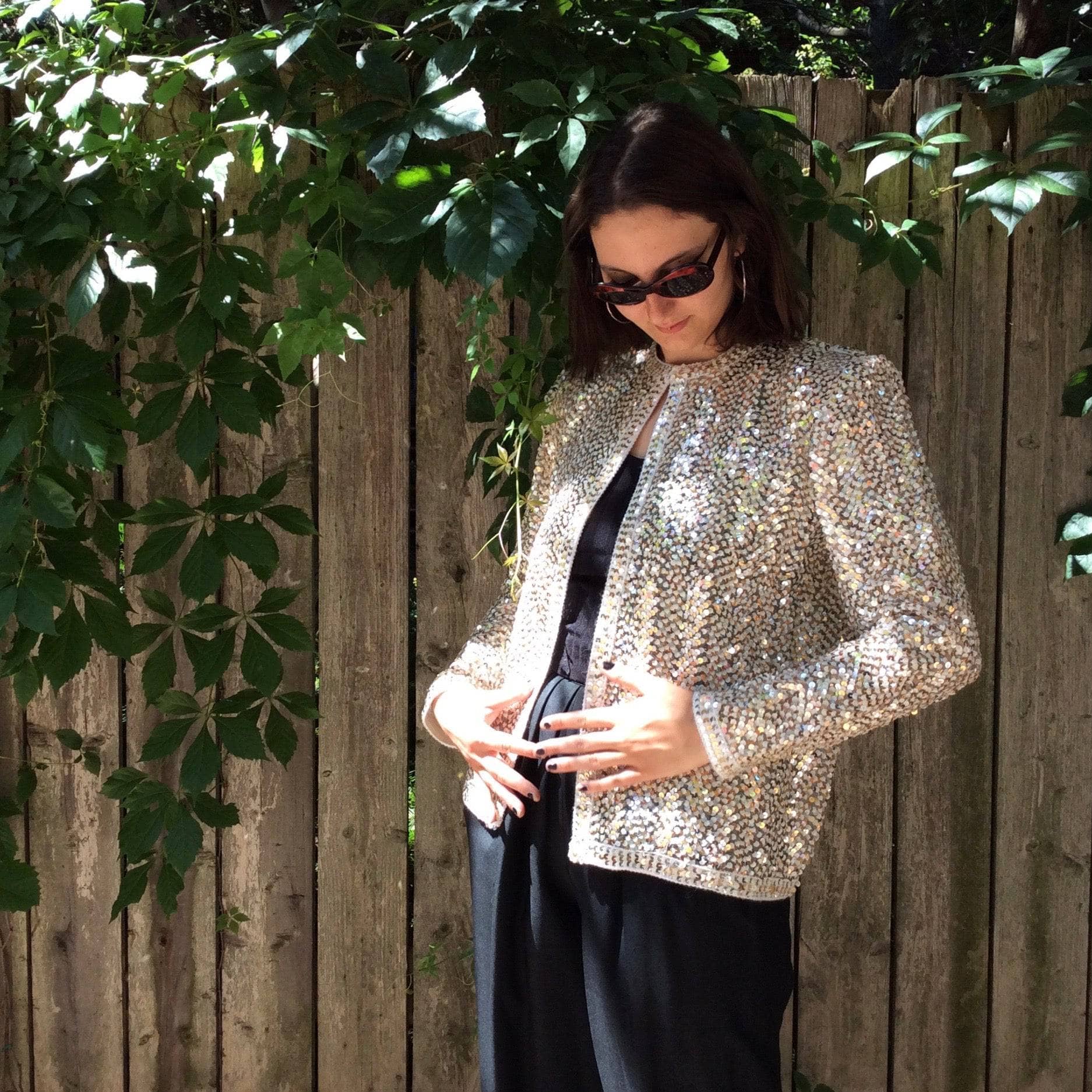 1980s/1990s Silver and Gold Sequin Short Jacket Size Medium, sold by bohemevintage.com Montreal