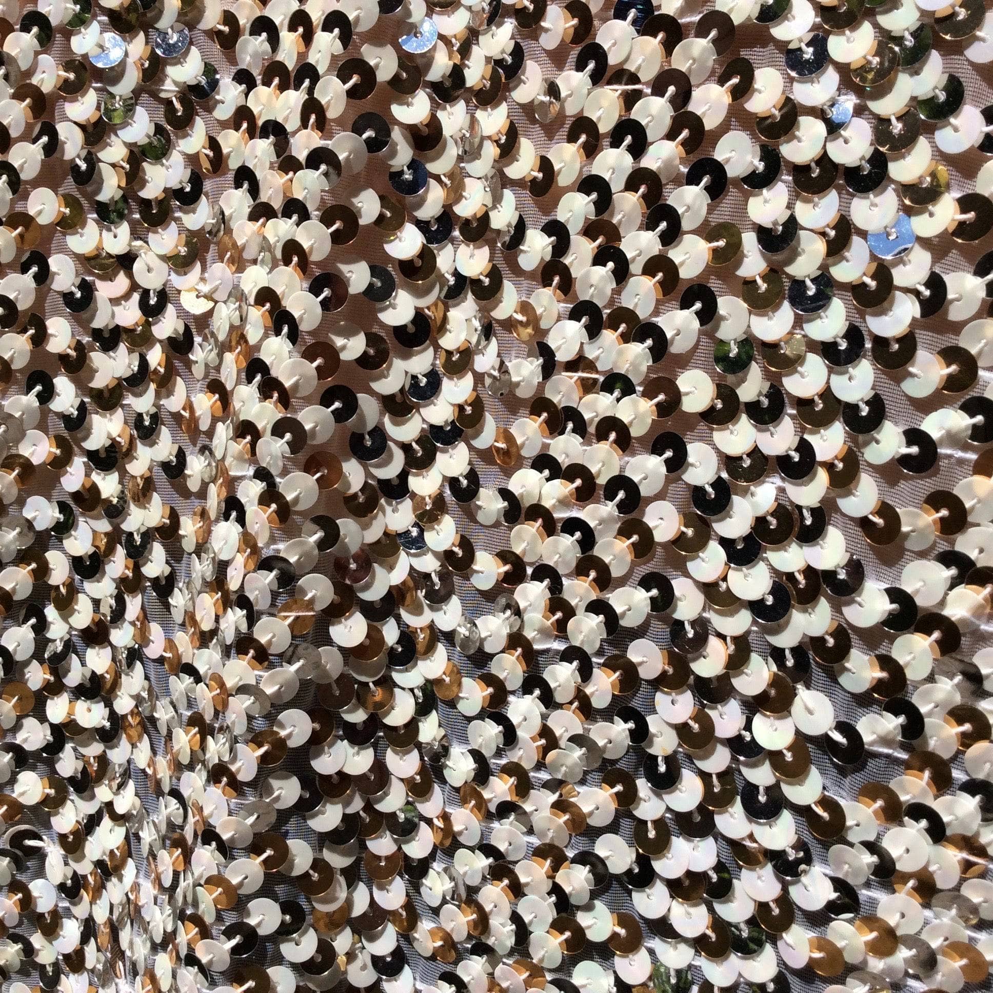 Close-Up of Sequin of 1980s/1990s Silver and Gold Sequin Short Jacket Size Medium, sold by bohemevintage.com Montreal