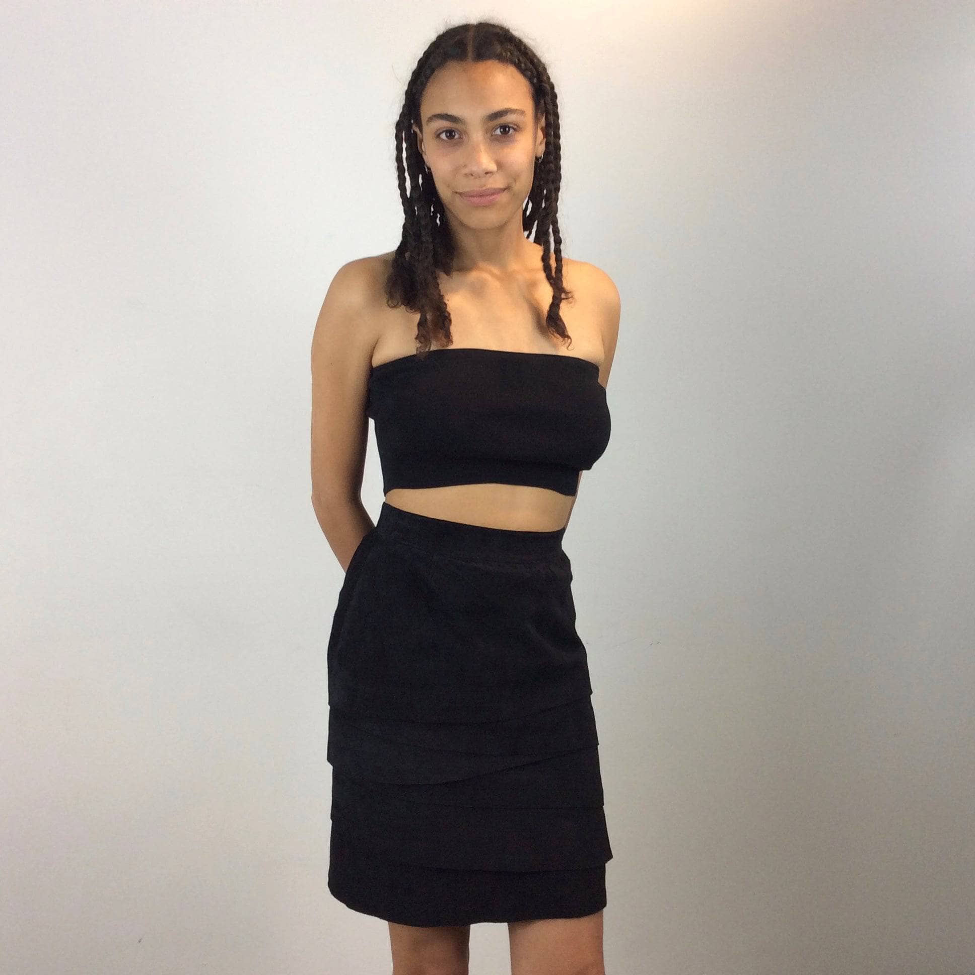 1980s-90s High Waist Black Layered Suede Skirt Size Small sold by bohemevintage.com Montreal