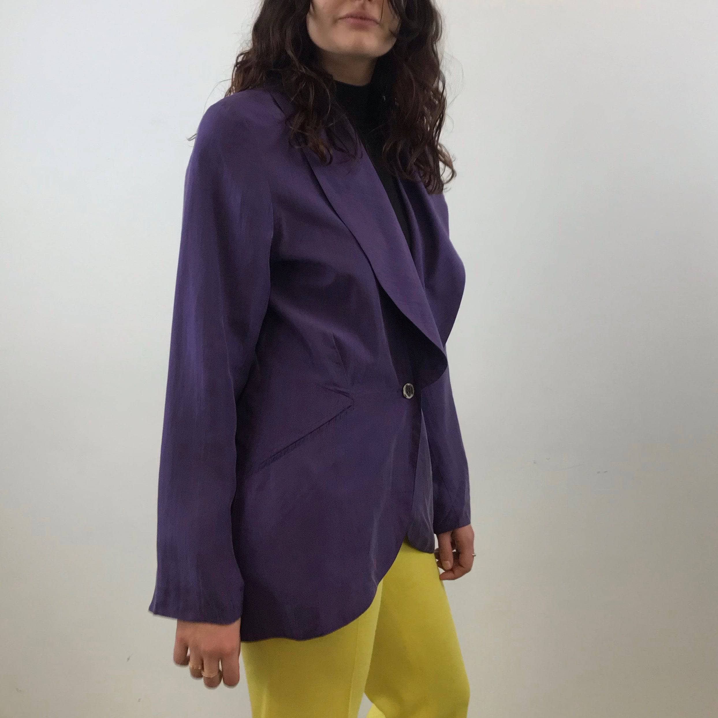 1980s Anne Pinkerton Deep Cut Purple Silk Blazer size Medium sold by bohemevintage.com
