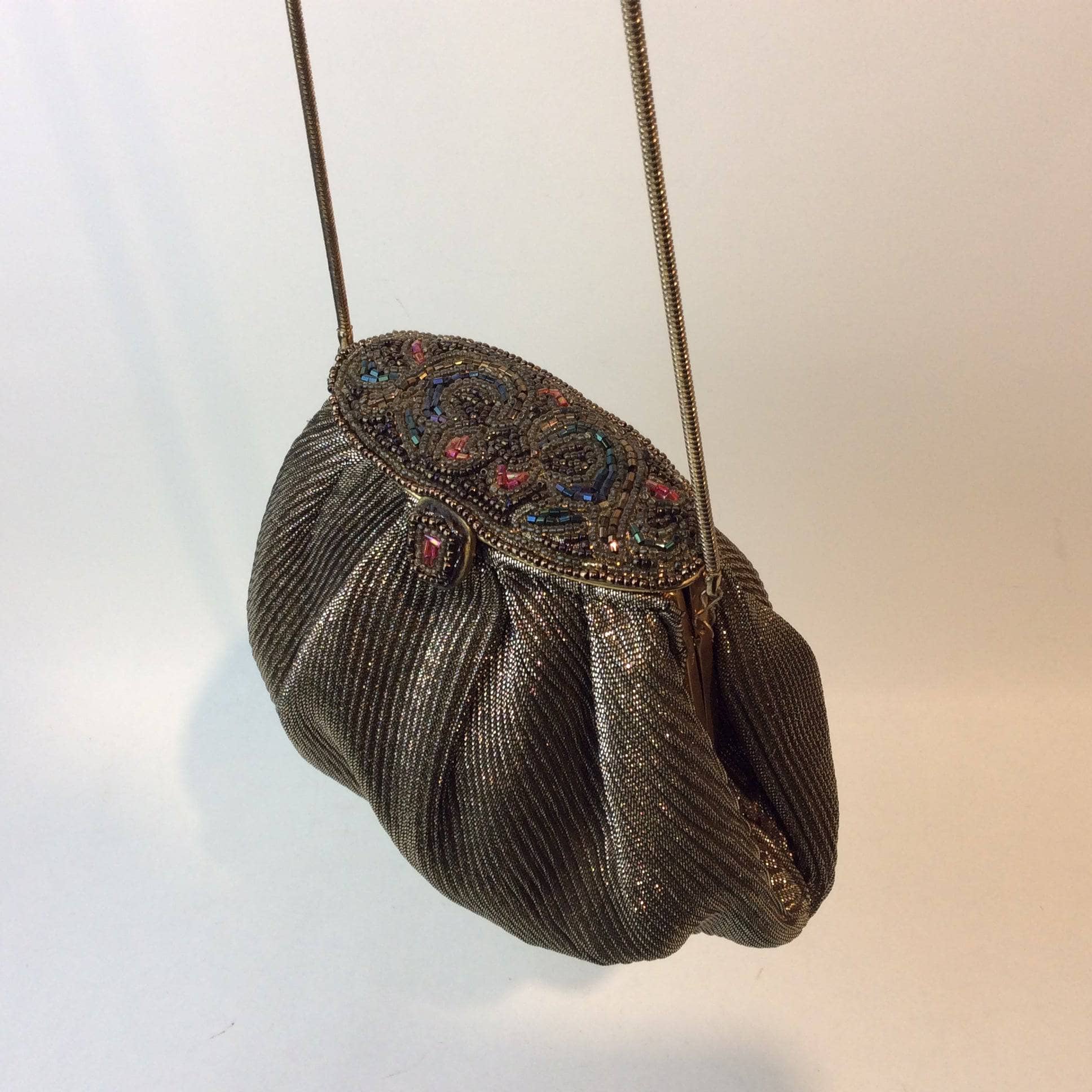 1980s Beaded and Gold Fabric Shoulder Evening Bag. Sold by bohemevintage.com