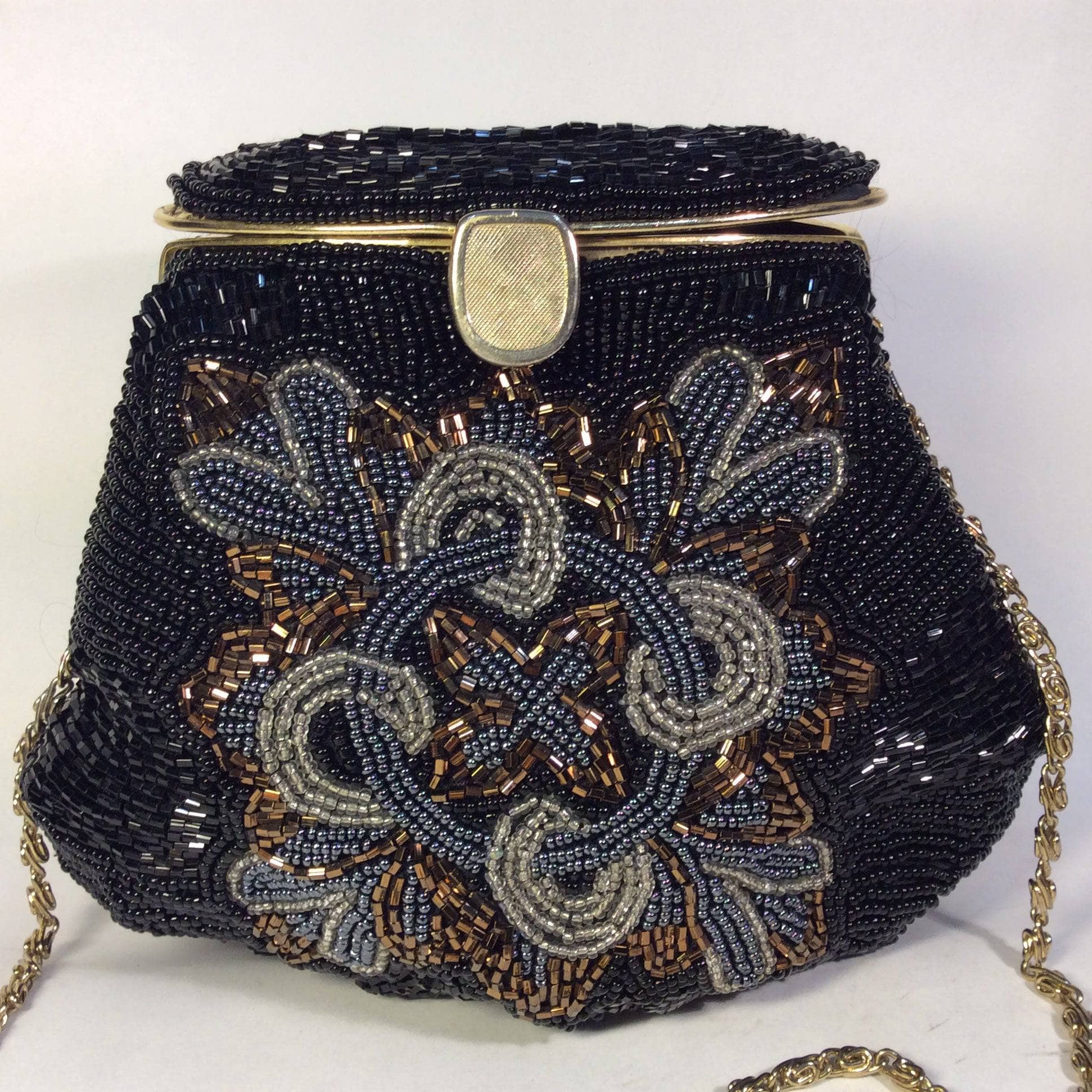 1980s Black Beaded Minaudiere Shoulder Evening Bag. Sold by bohemevintage.com
