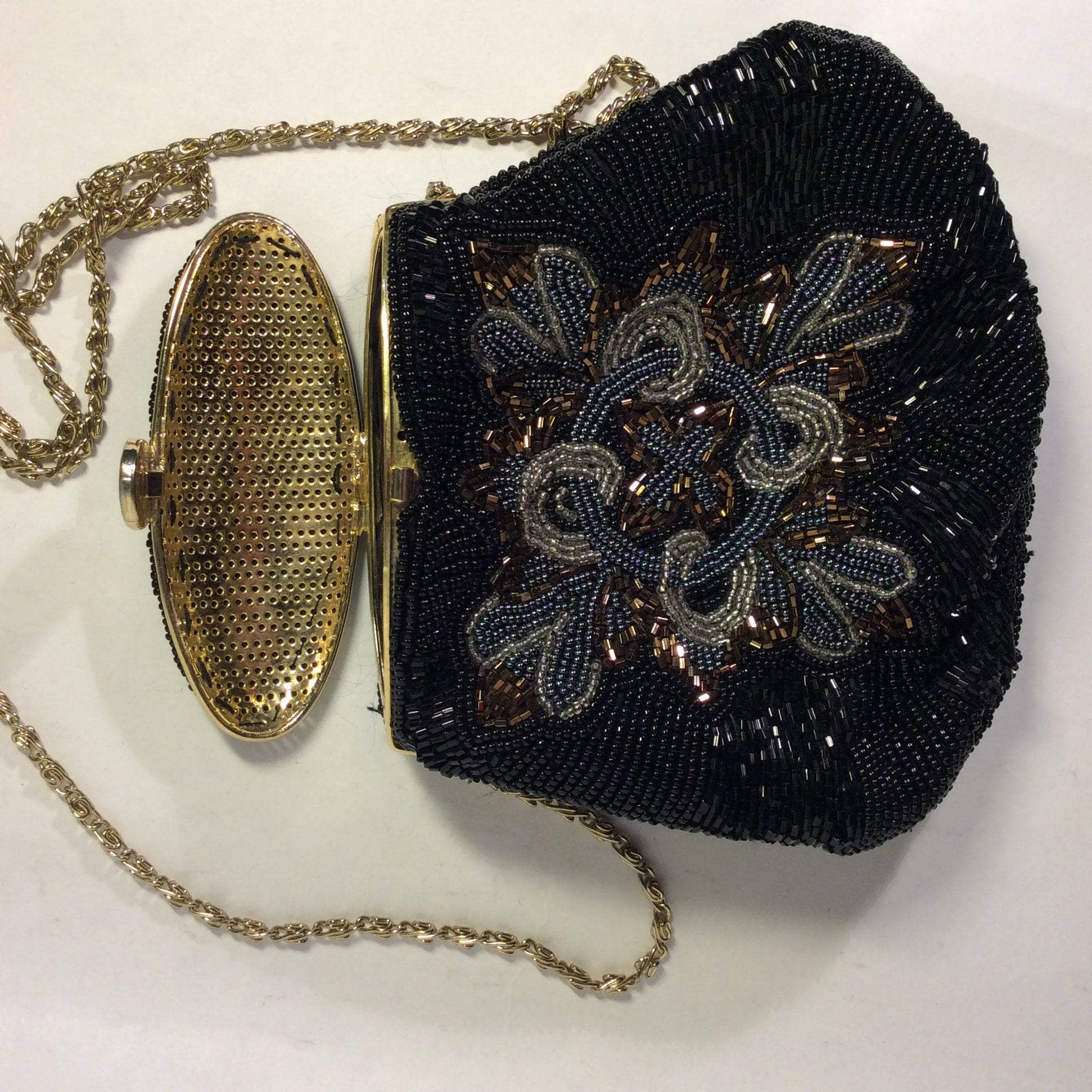 1980s Black Beaded Minaudiere Shoulder Evening Bag. Sold by bohemevintage.com