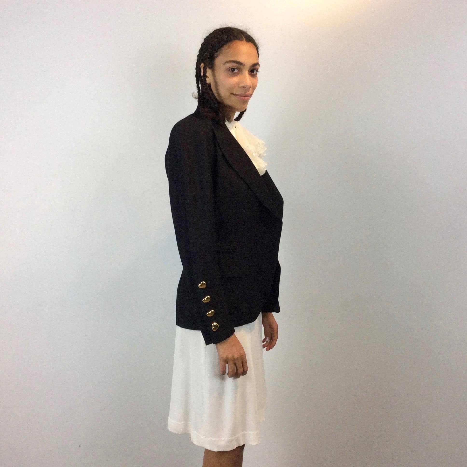 Side view of 1980s Escada Black Wool Blazer Size Medium sold by bohemevintage.com