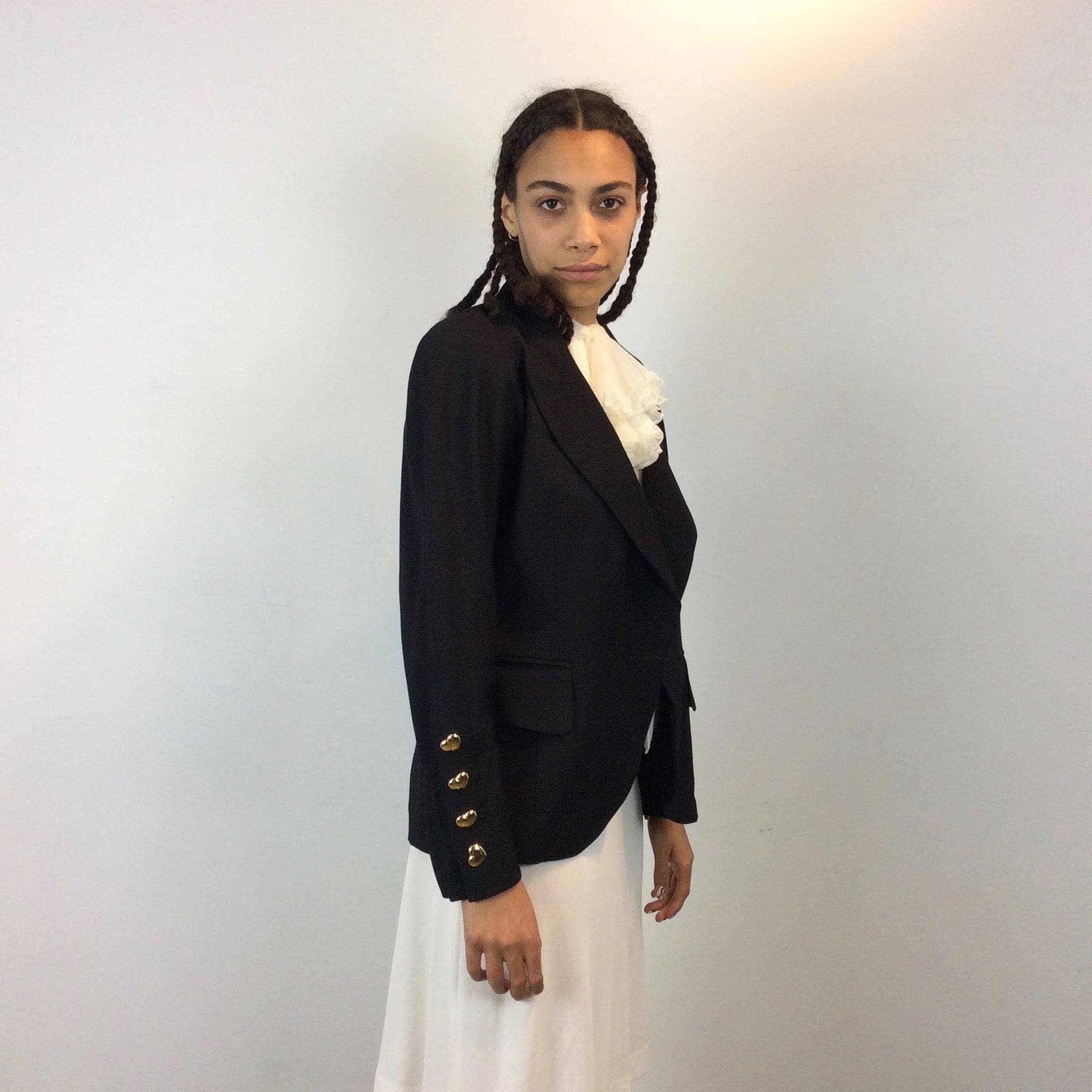 Side view of 1980s Escada Black Wool Blazer Size Medium sold by bohemevintage.com