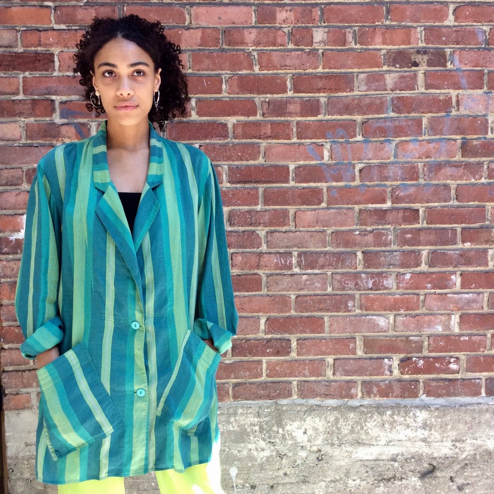 1980s "Giancarlo Ricci" Designer Unstructured Oversize Striped Green Blazer , sold by bohemevintage.com Montréal