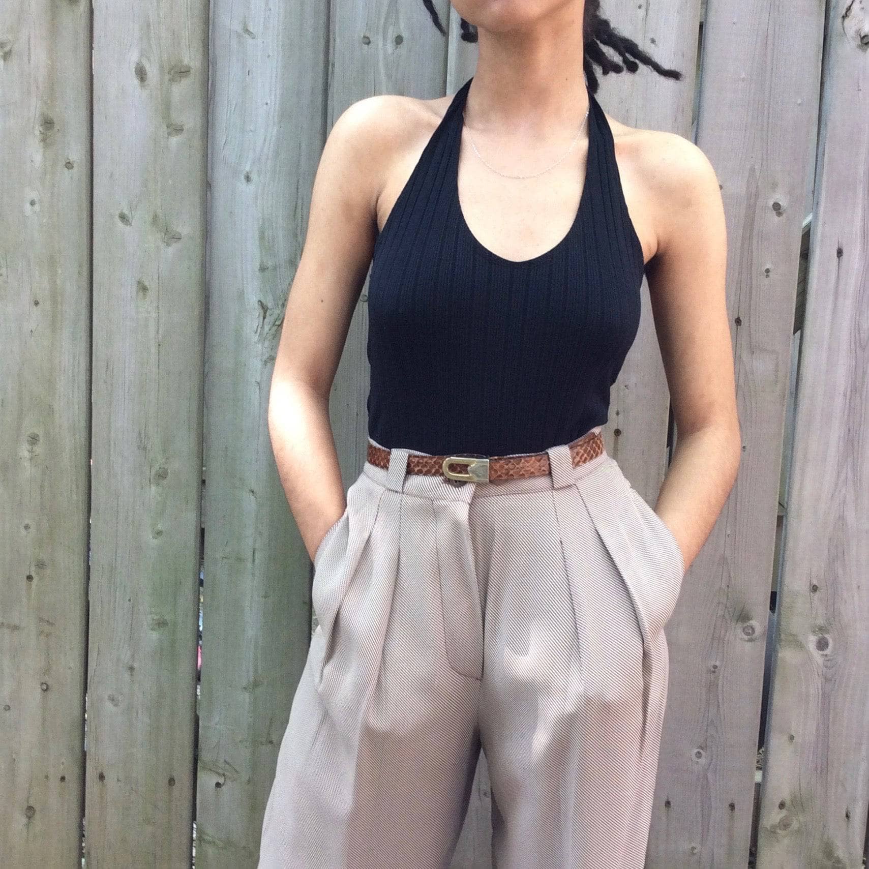Upper View of 1980s "Giorgio Armani" High-waisted Dress Pants, for sale at bohemevintage.com Montréal