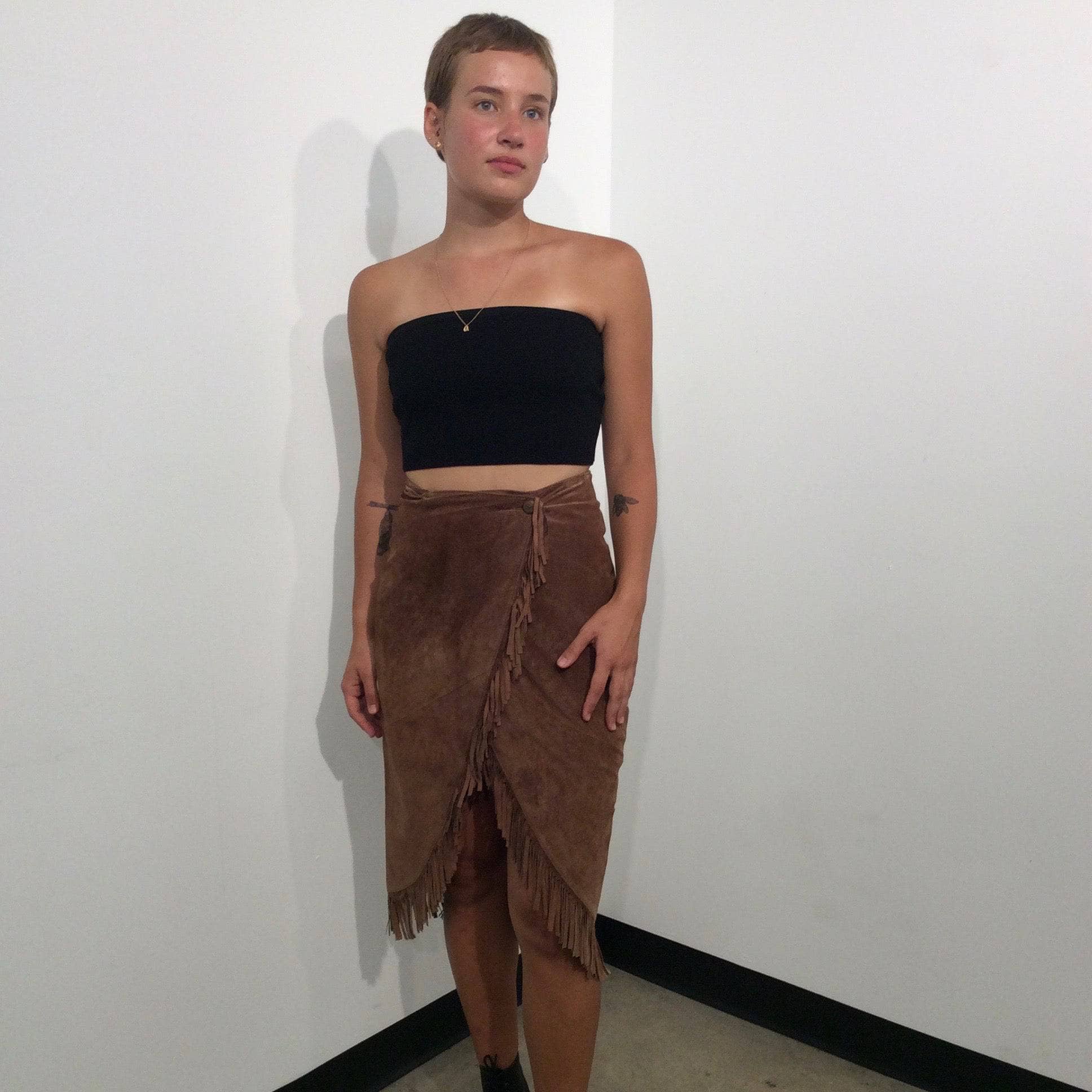 1980s High-Waist Fringed Brown Suede Wrap Skirt