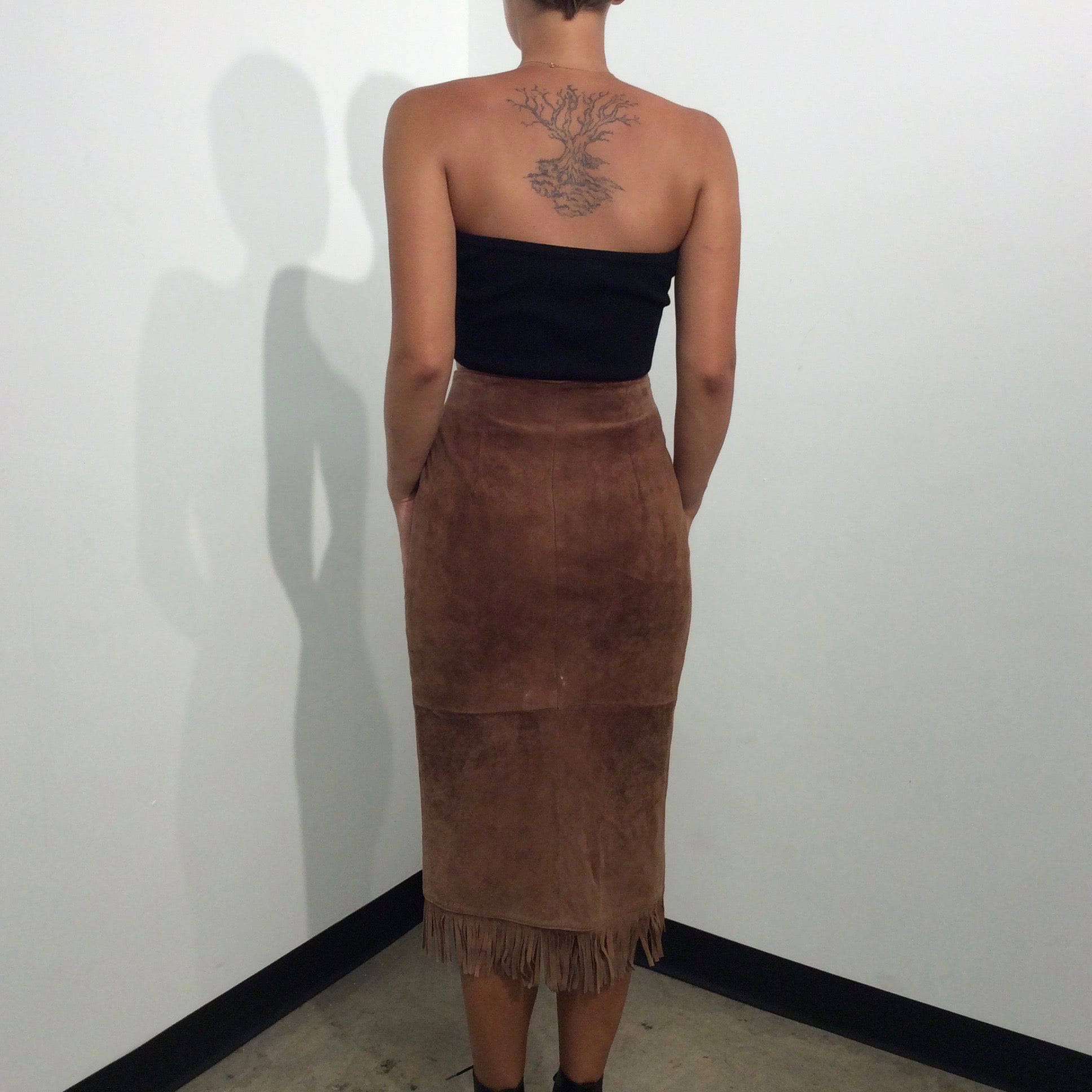 1980s High-Waist Fringed Midi length Brown Suede Wrap Skirt