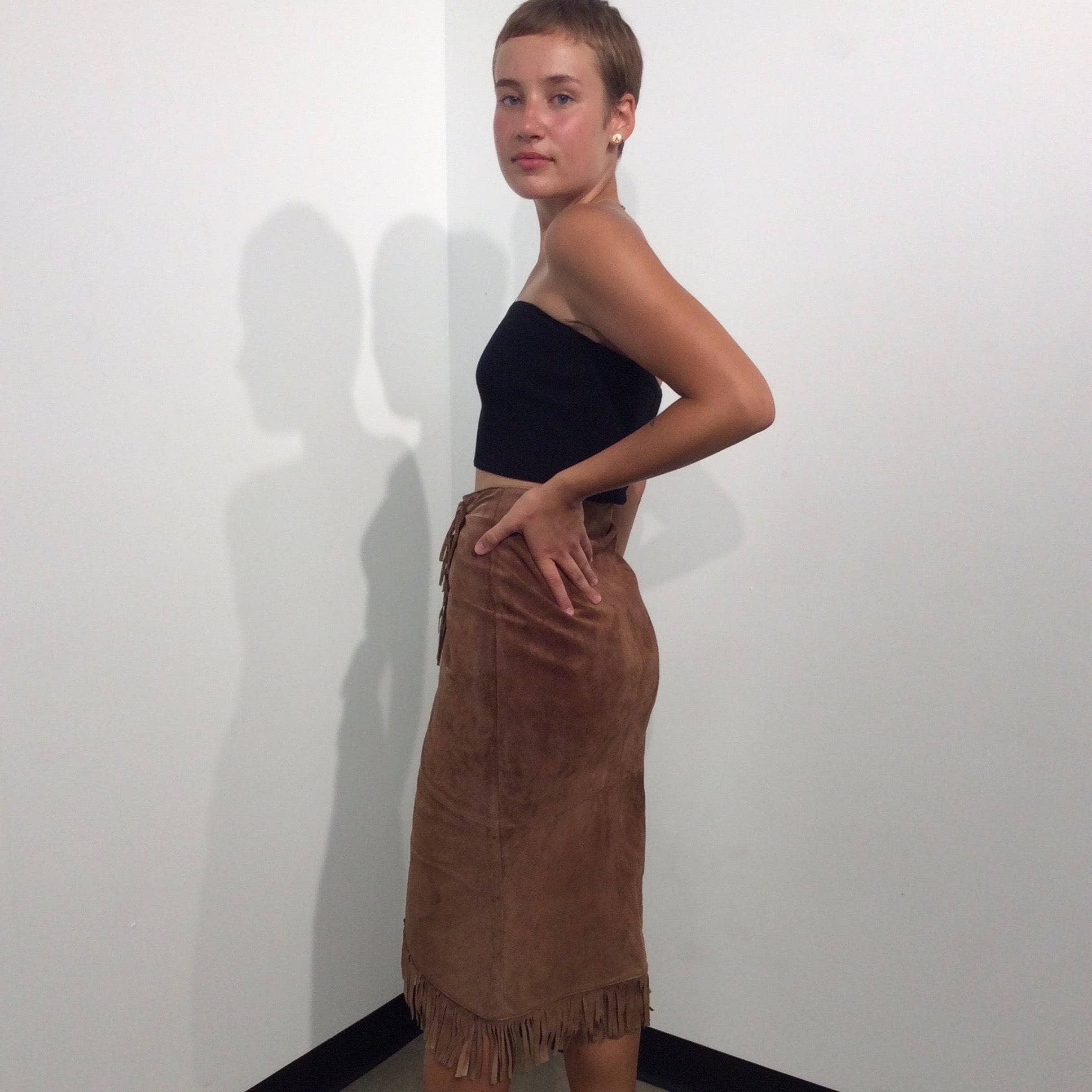1980s High-Waist Fringed Midi length Brown Suede Wrap Skirt
