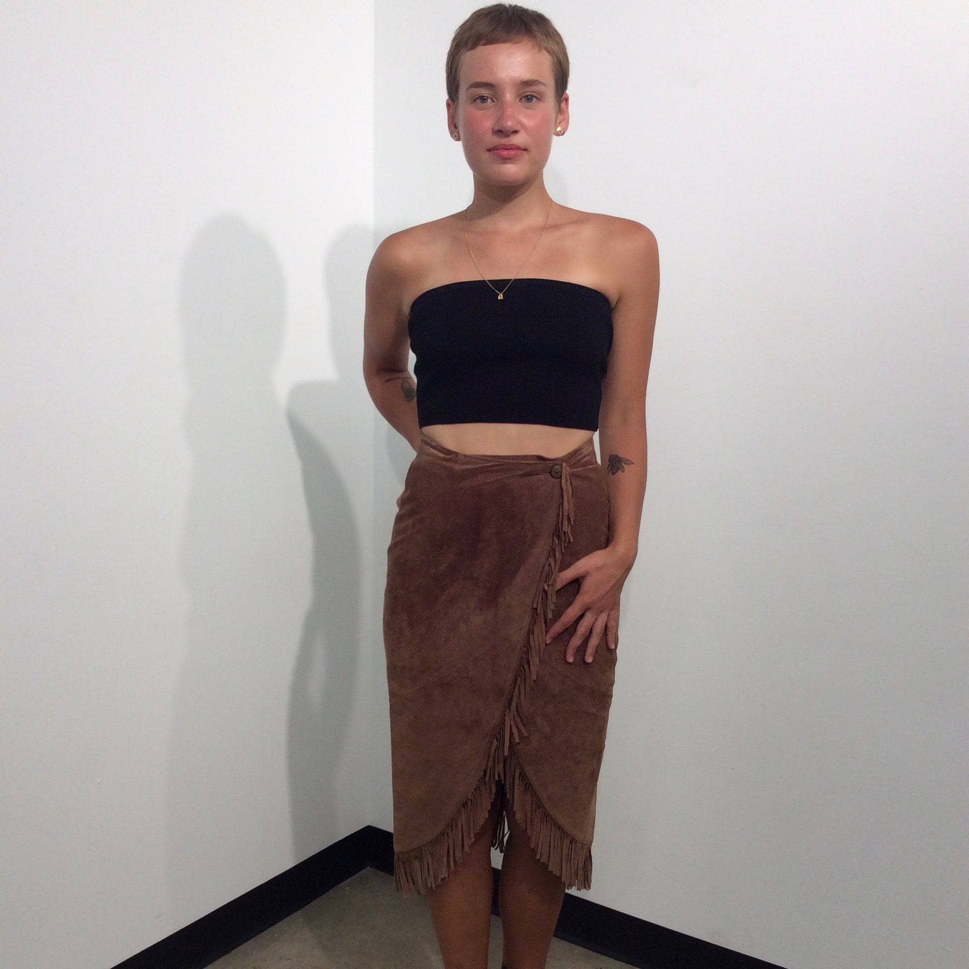 1980s High-Waist Fringed Midi length Brown Suede Wrap Skirt
