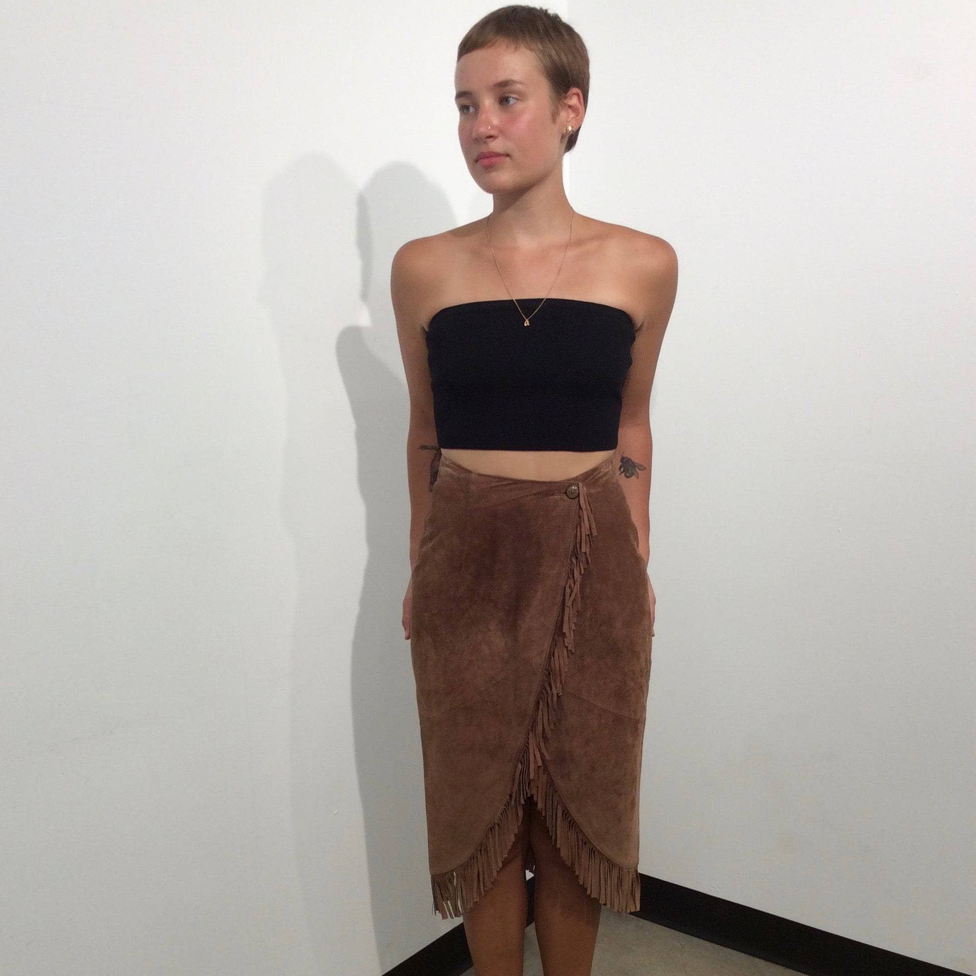 1980s High-Waist Fringed Midi length Brown Suede Wrap Skirt