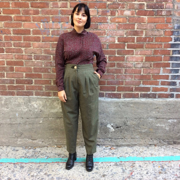 1980s High-Waist Tapered Leg Army Green Wool Pleated Pants M