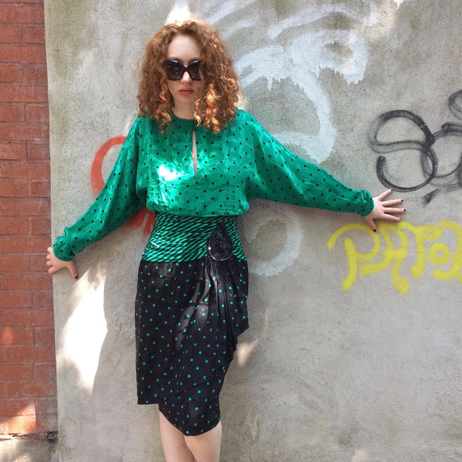 1980s Long-Sleeve Polka-Dot Draped Silk Dress, for sale at bohemevintage.com Montréal