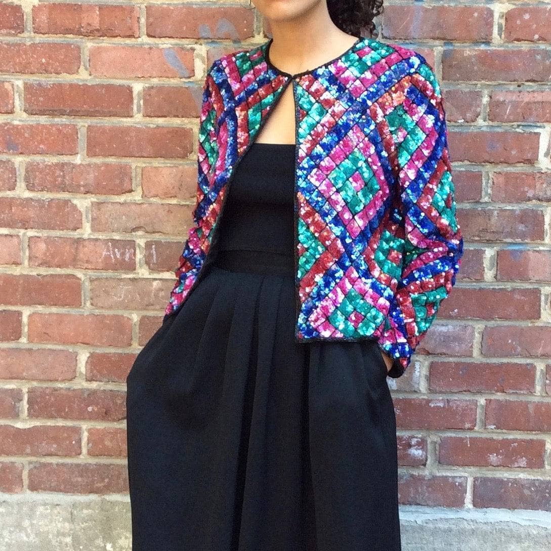 80s Multi-Coloured Sequin and Bead Short Jacket Medium| Bohème Vintage