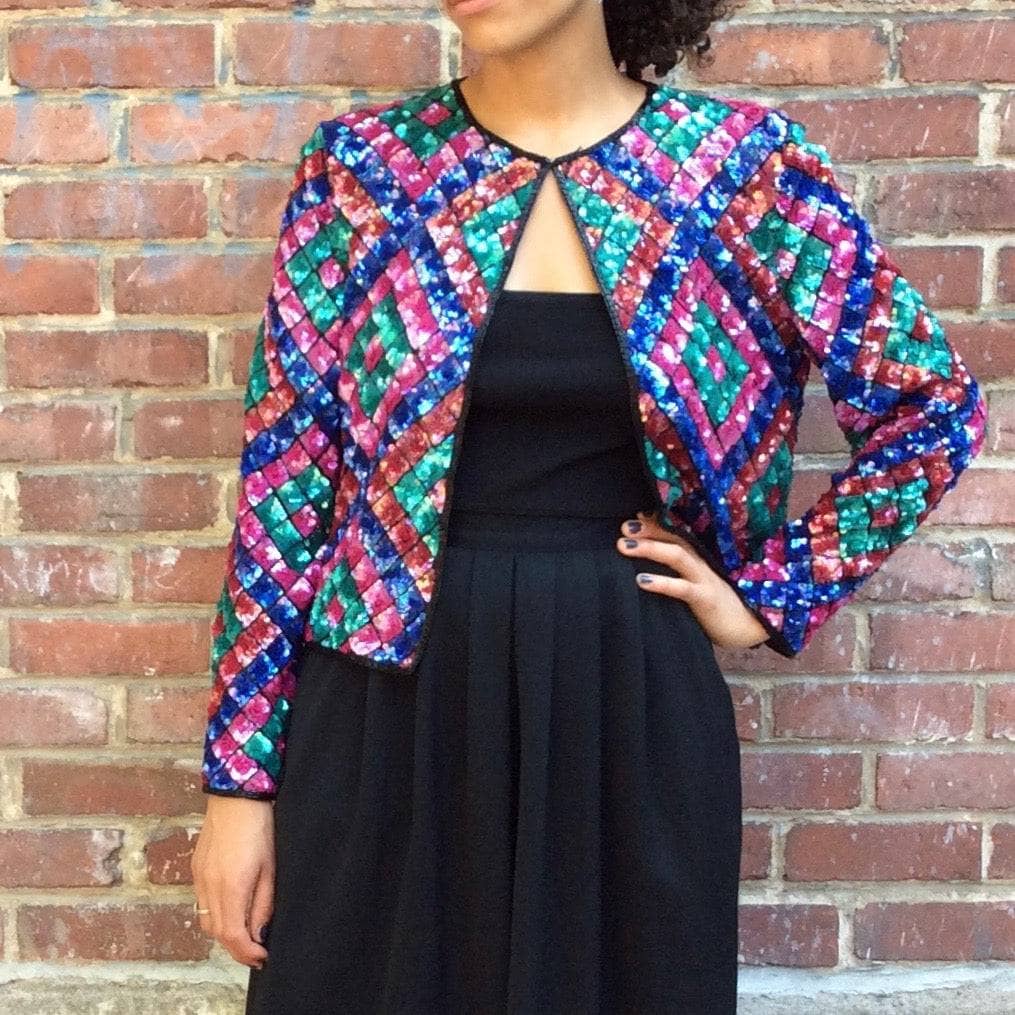 1980s Nipon Night Multi-Coloured Sequin and Bead Short Jacket, for sale at bohemevintage.com Montréal