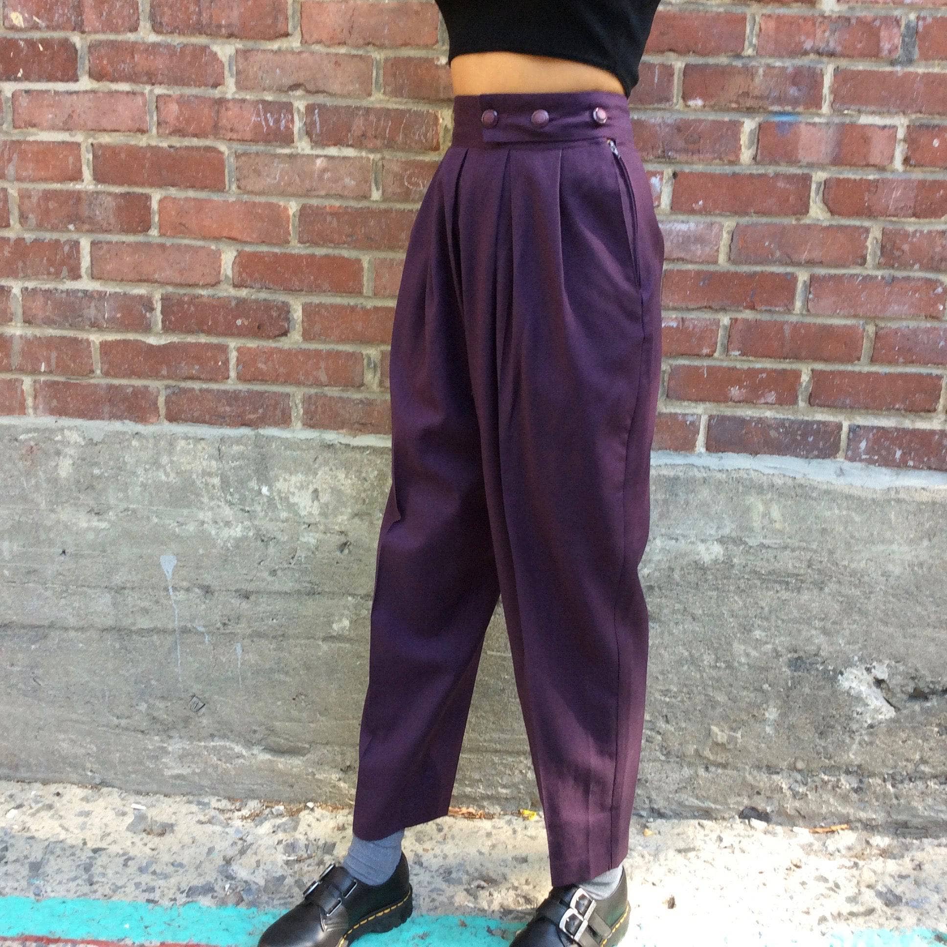 1980s High-Waisted Eggplant color Pleated Wool Pants