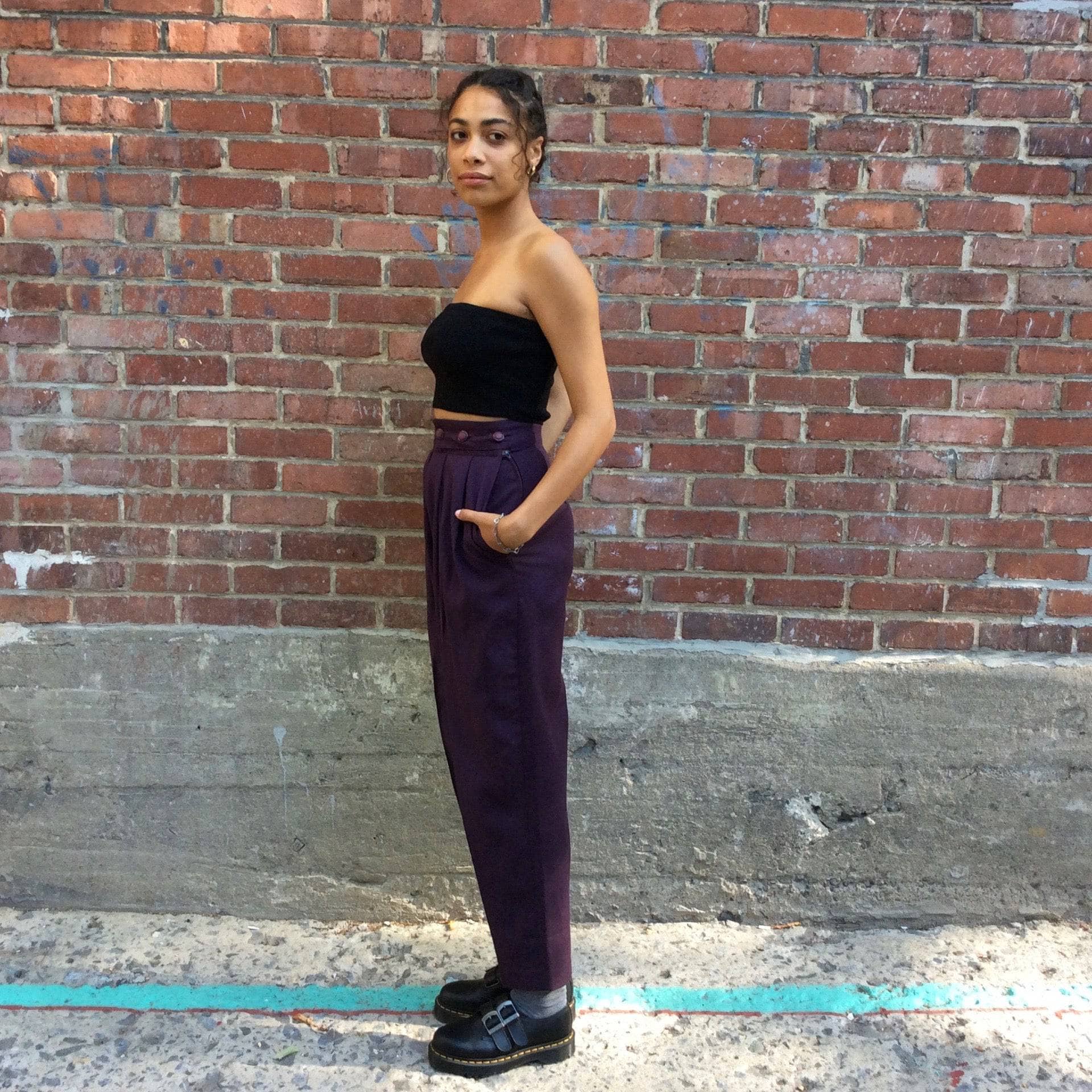 1980s High-Waisted Eggplant color Pleated Wool Pants