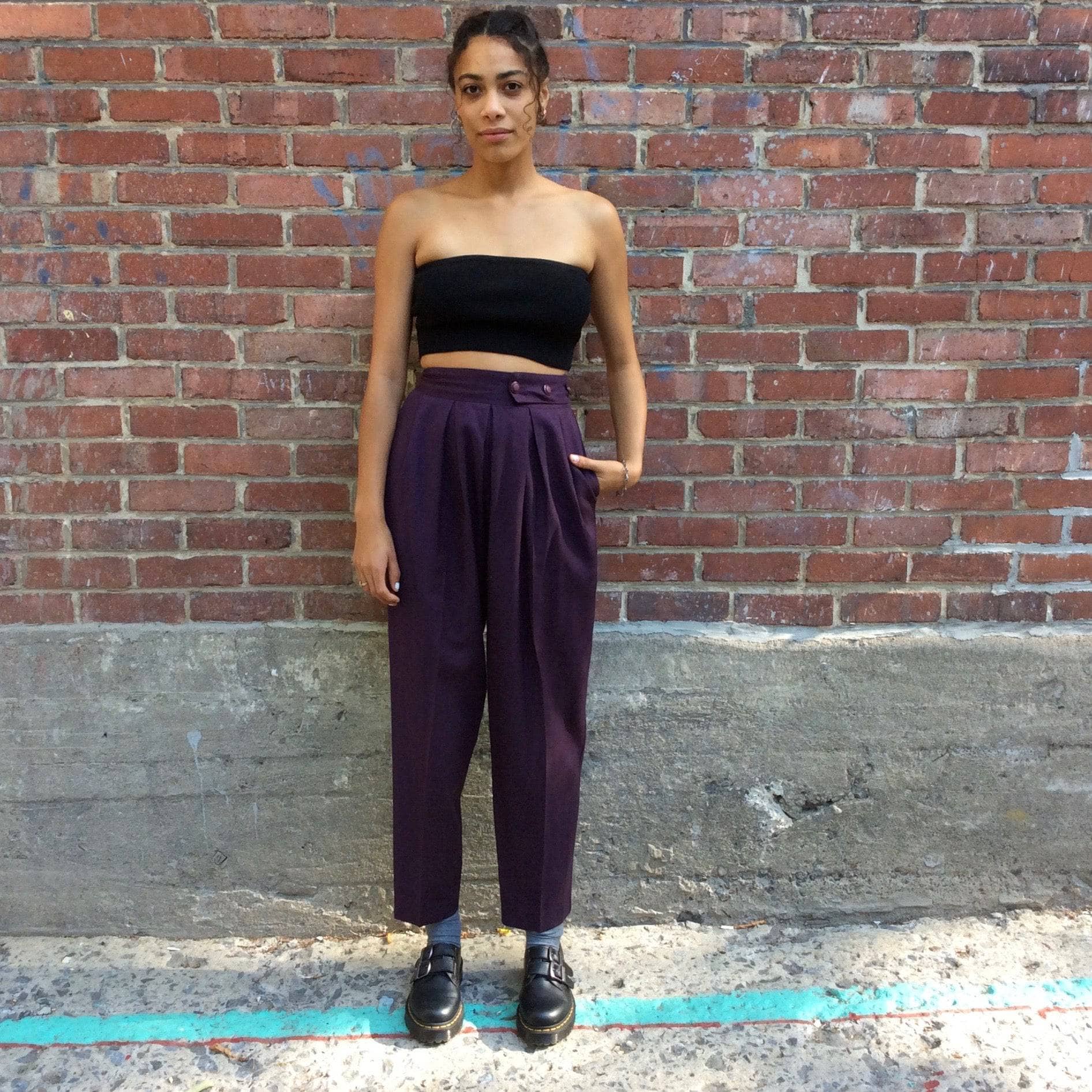 1980s High-Waisted Eggplant colour Pleated Wool Pants