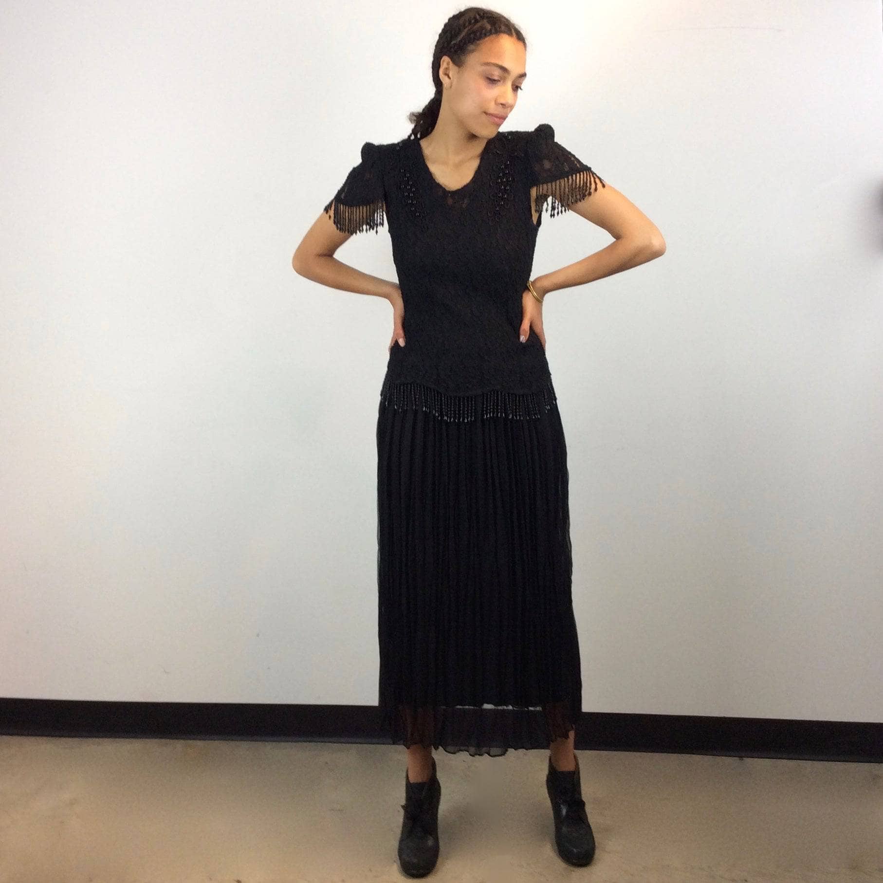 1980s Black Lace with Beaded Fringe Midi Dress S/M | Bohme Vintage 1980s Black Lace with Beaded Fringe Midi Dress S/M | Bohme Vintage