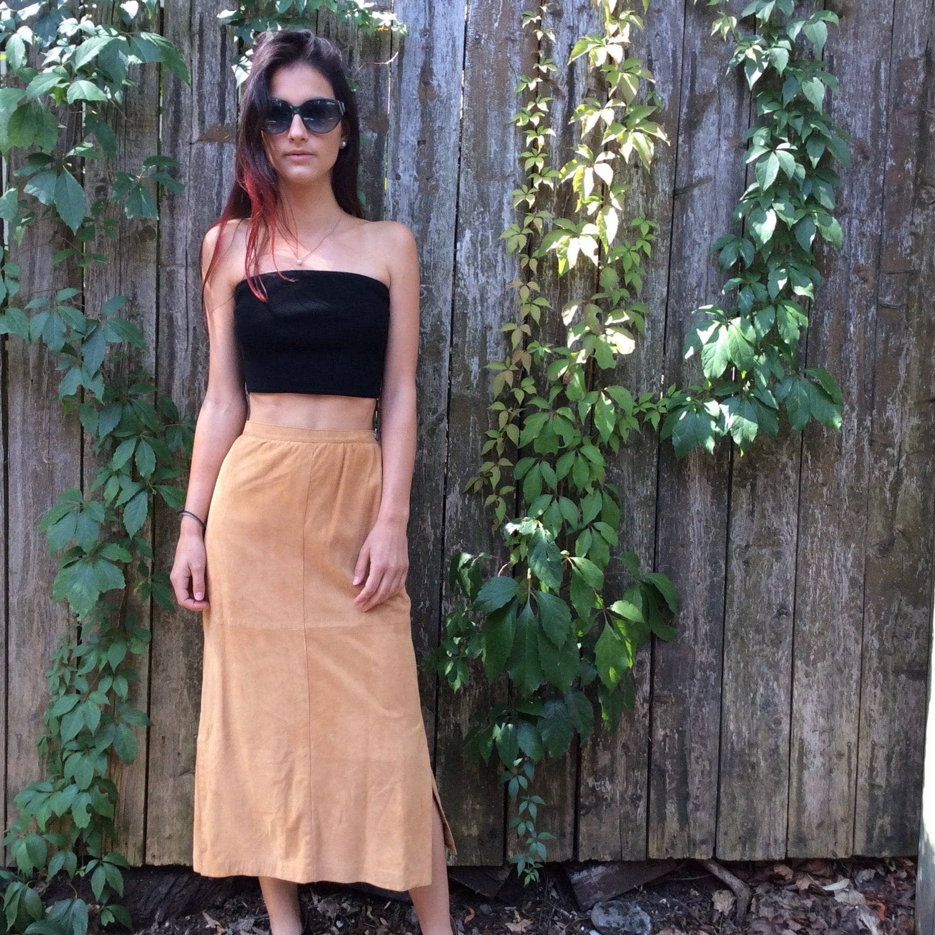 Back View1980s Straight Cut Midi length Caramel , for sale at bohemevintage.com Montréal