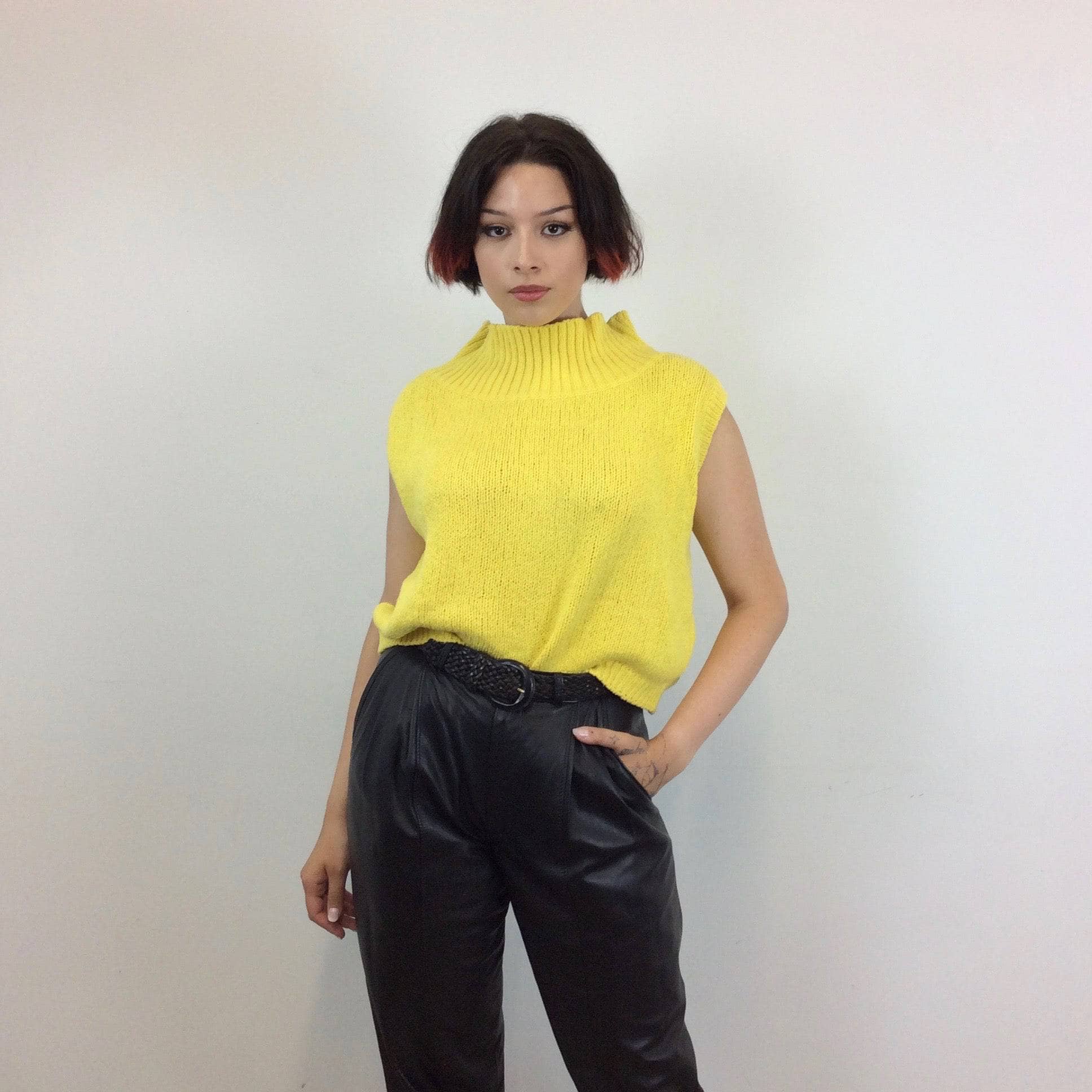 1980s Sleeveless Cropped Knitted Yellow Top with cut-out back , high collar, made in Italy, United Colors of Benetton