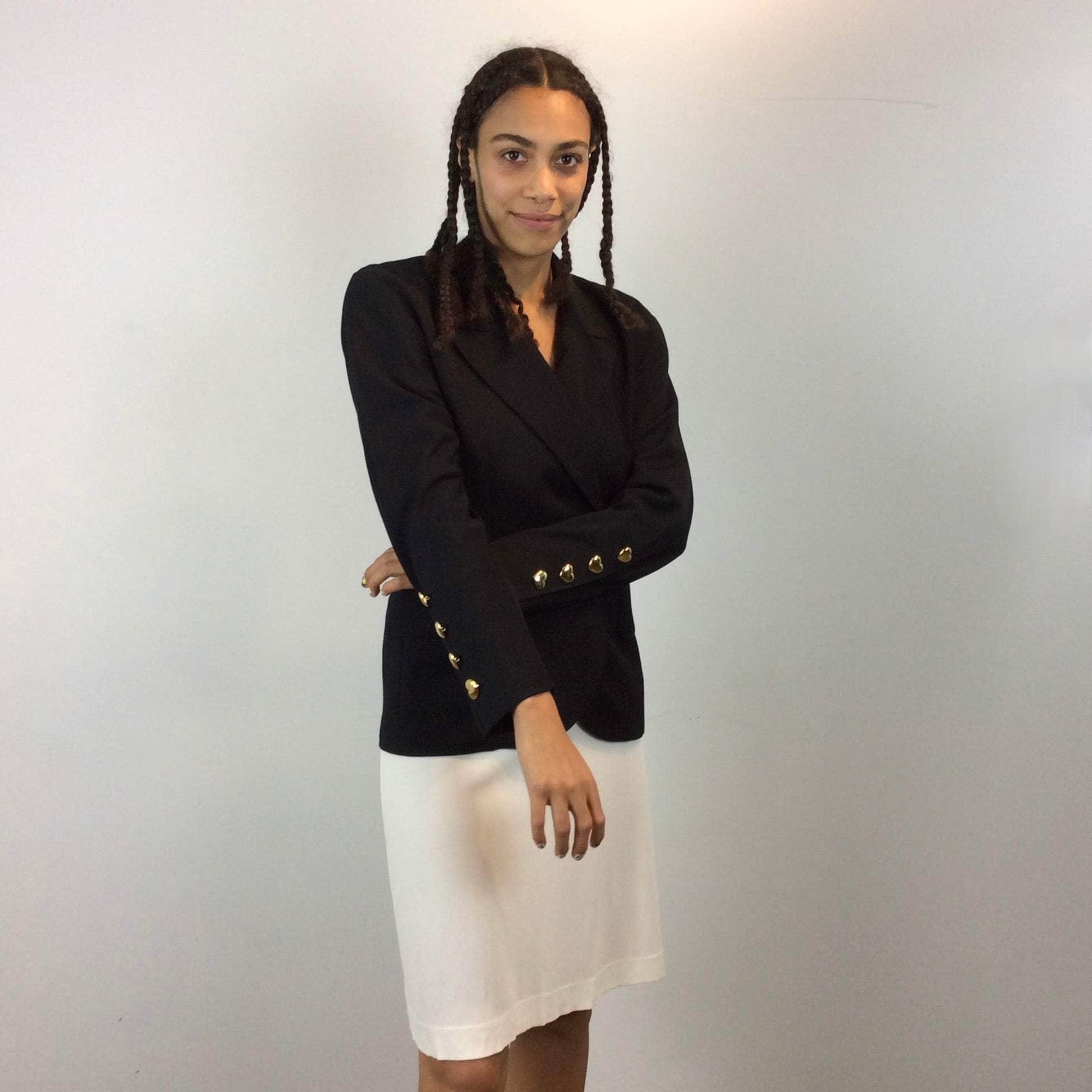 Vintage 1990s-2000s Marie Saint Pierre White Jersey Skirt. Style dwith 1980s Escada Black Wool Blazer. Sold by Bohème Vintage - Montreal.