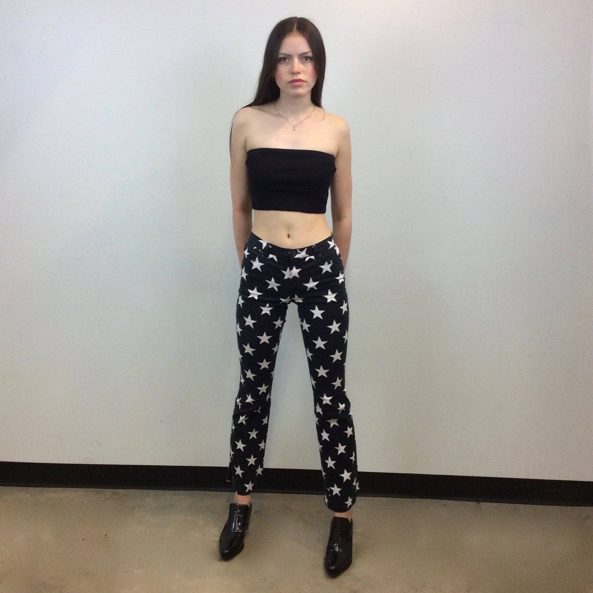 1990s-2000s Designer Star Print Low Waist Pants , MOSCHINO, Size Small, Flared Stretchy Pants