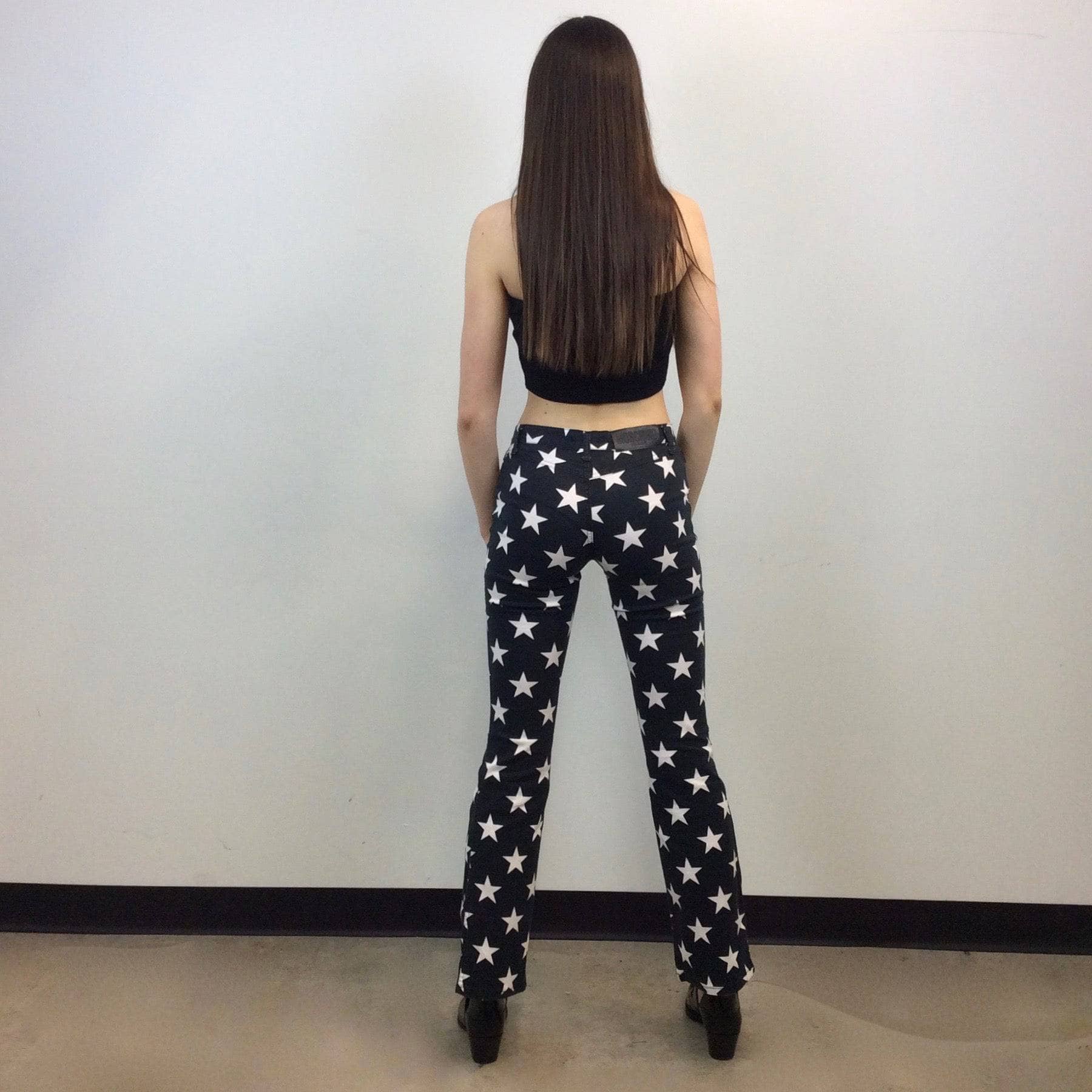 1990s-2000s Designer Star Print Low Waist Pants , MOSCHINO, Size Small, Flared Stretchy Pants