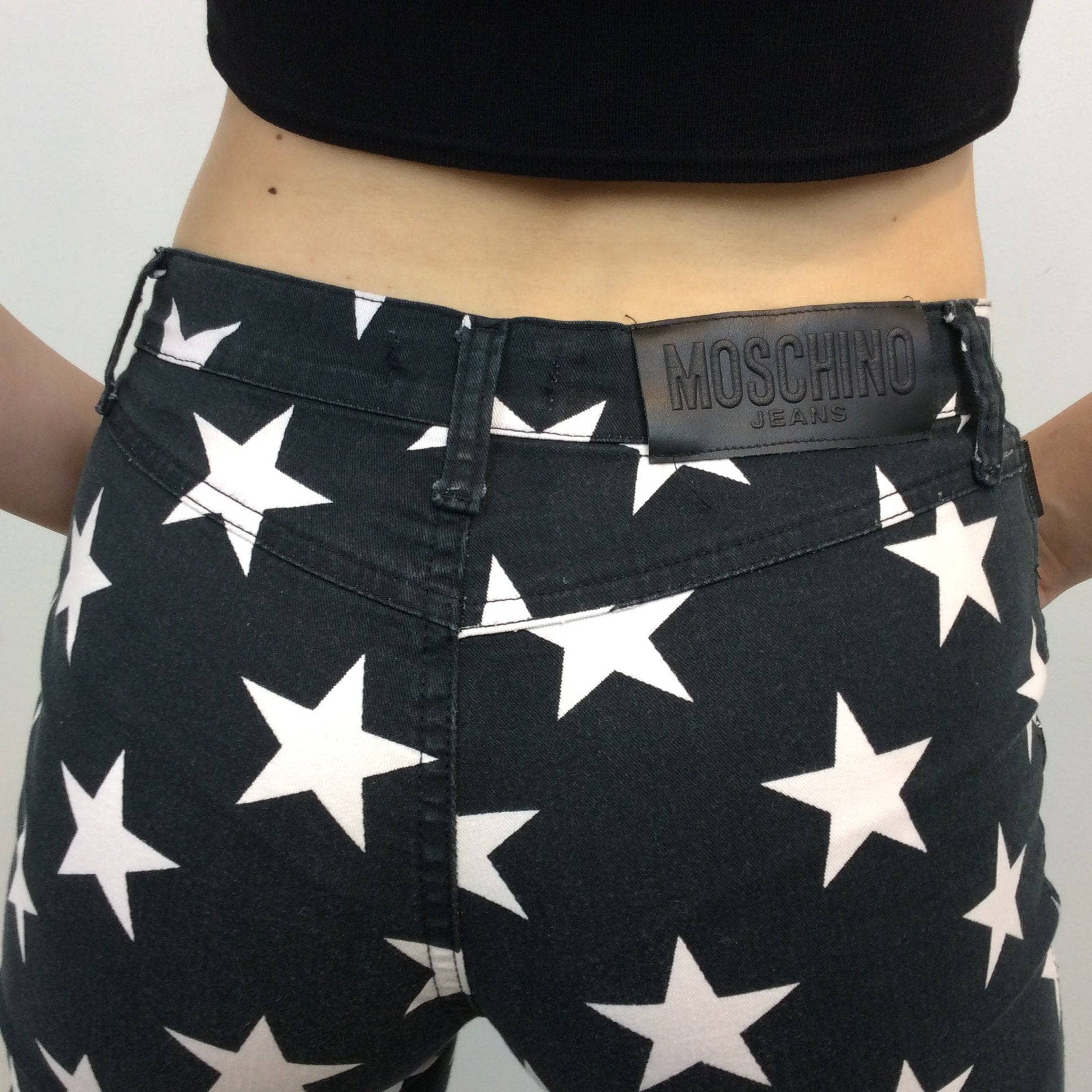 1990s-2000s Designer Star Print Low Waist Pants , MOSCHINO, Size Small, Flared Stretchy Pants