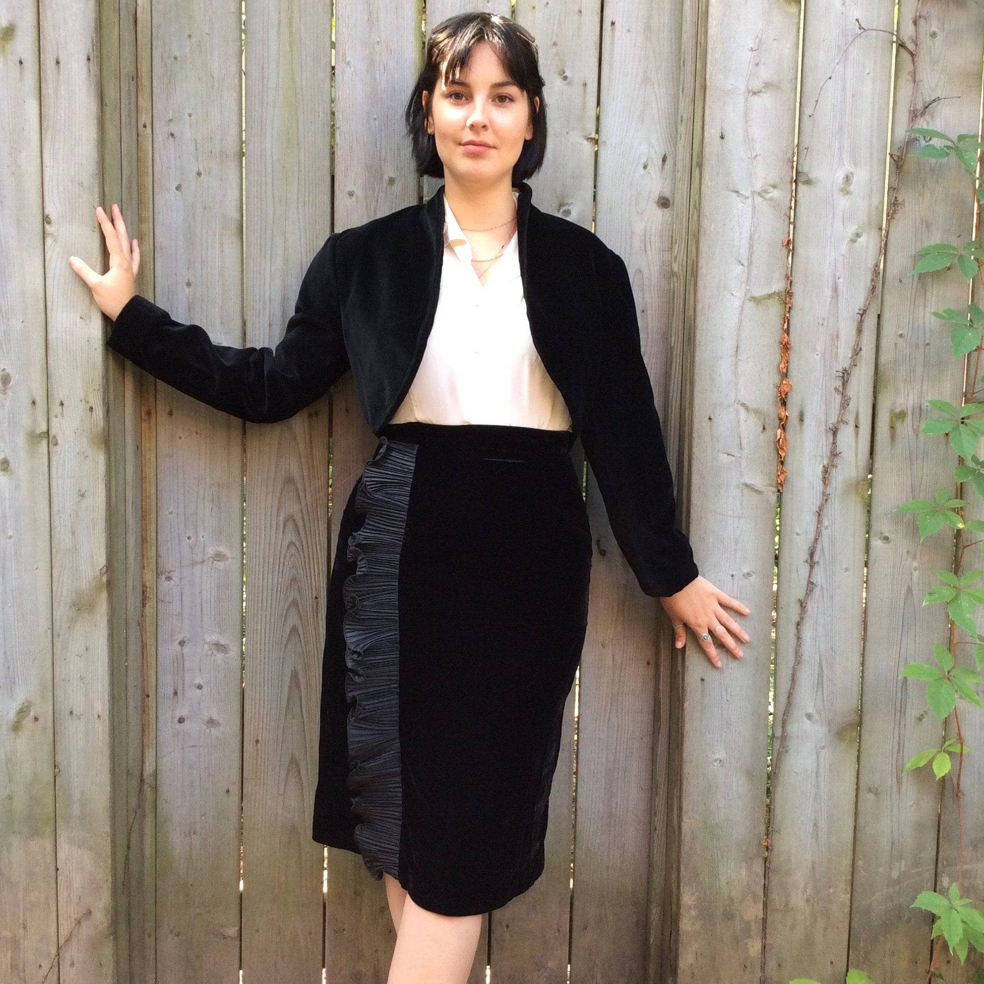 1990s Black Velvet Skirt with Ruffles paired with black velvet bolero size Medium sold by bohemevintage.com