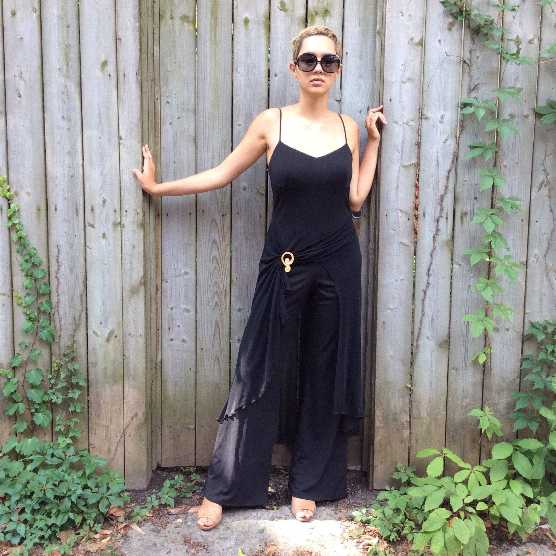 1990s "Algo" Dressy Wide leg black jumpsuit size Medium, sold by bohemevintage.com Montreal