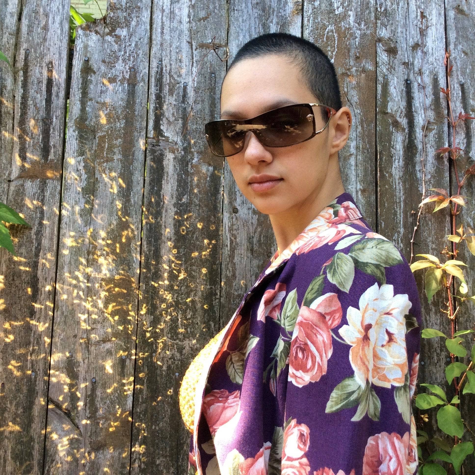 Shoulder Side View of 1990s Eggplant Colour Floral Print Blazer, sold by bohemevintage.com Montreal