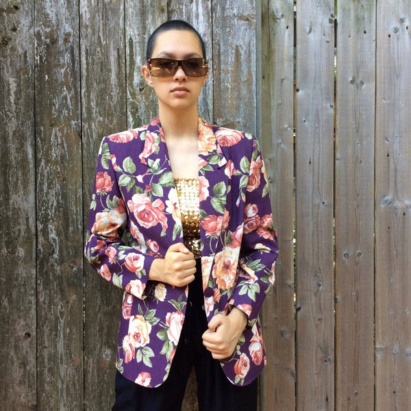 1990s Eggplant Colour Floral Print Blazer Boh me Vintage
