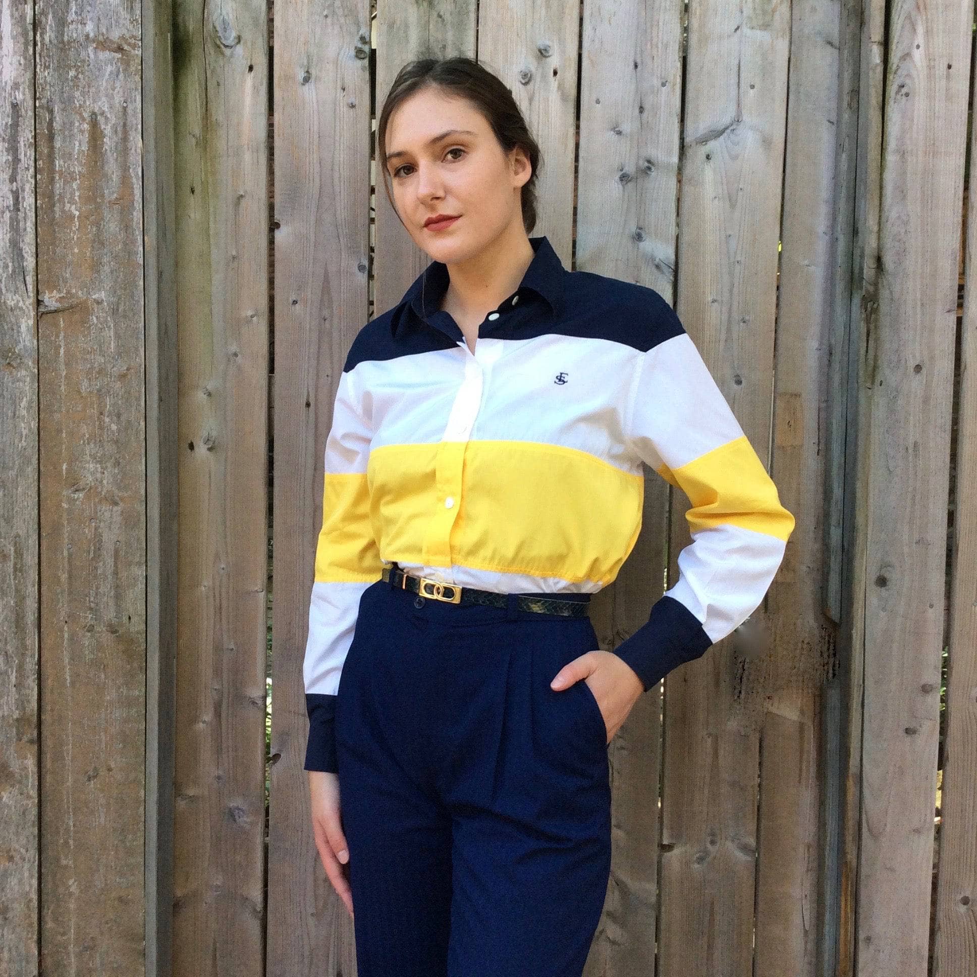 1990s Escada Sport Colour-Block Button-Up Shirt Size Small-Medium sold by bohemevintage.com Montreal