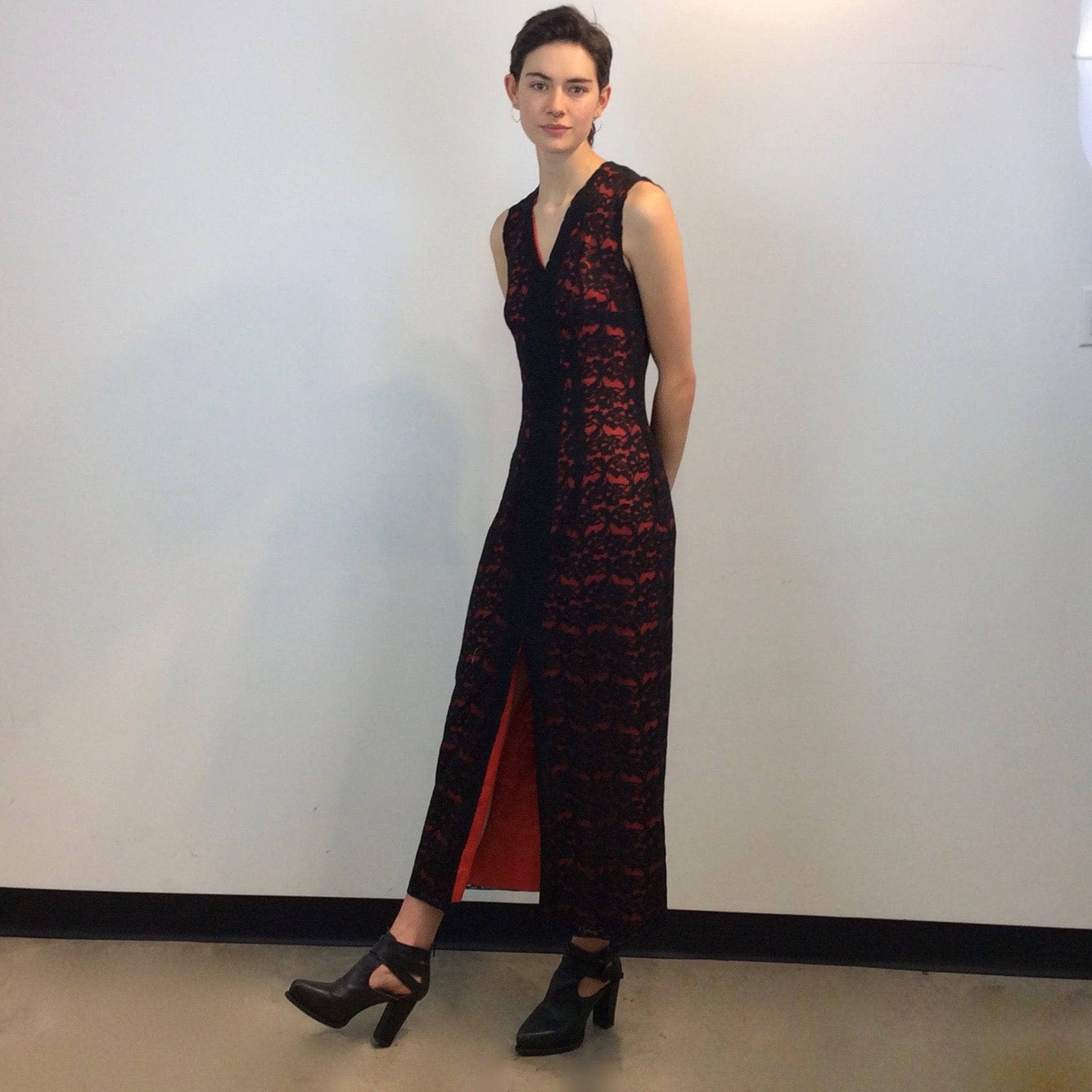 1990s Sleeveless Front Slit Maxi Length Black Lace Sheath Dress, Size Small sold by Boheme Vintage Montreal