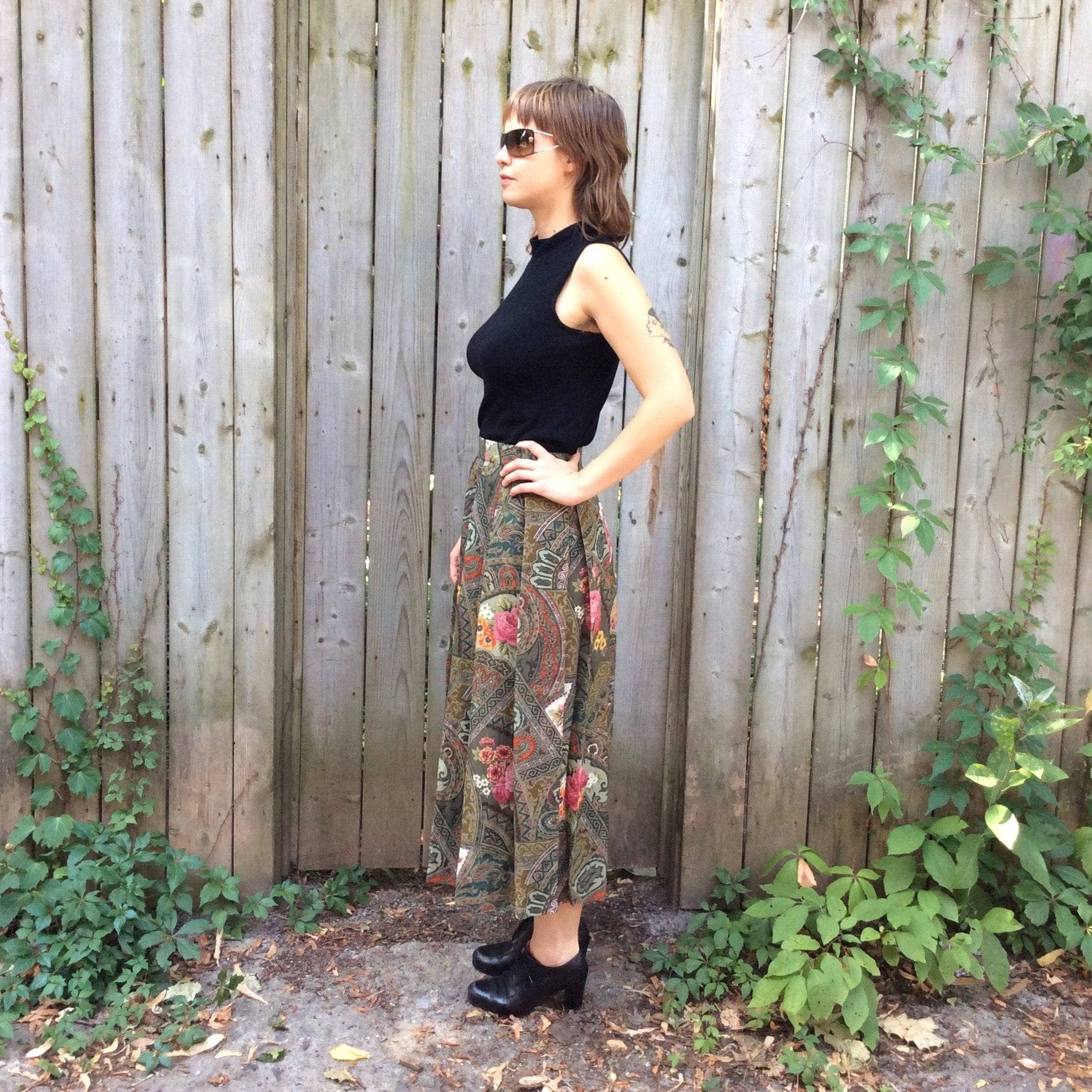 Light weight wool patchwork print pleated midi length skirt