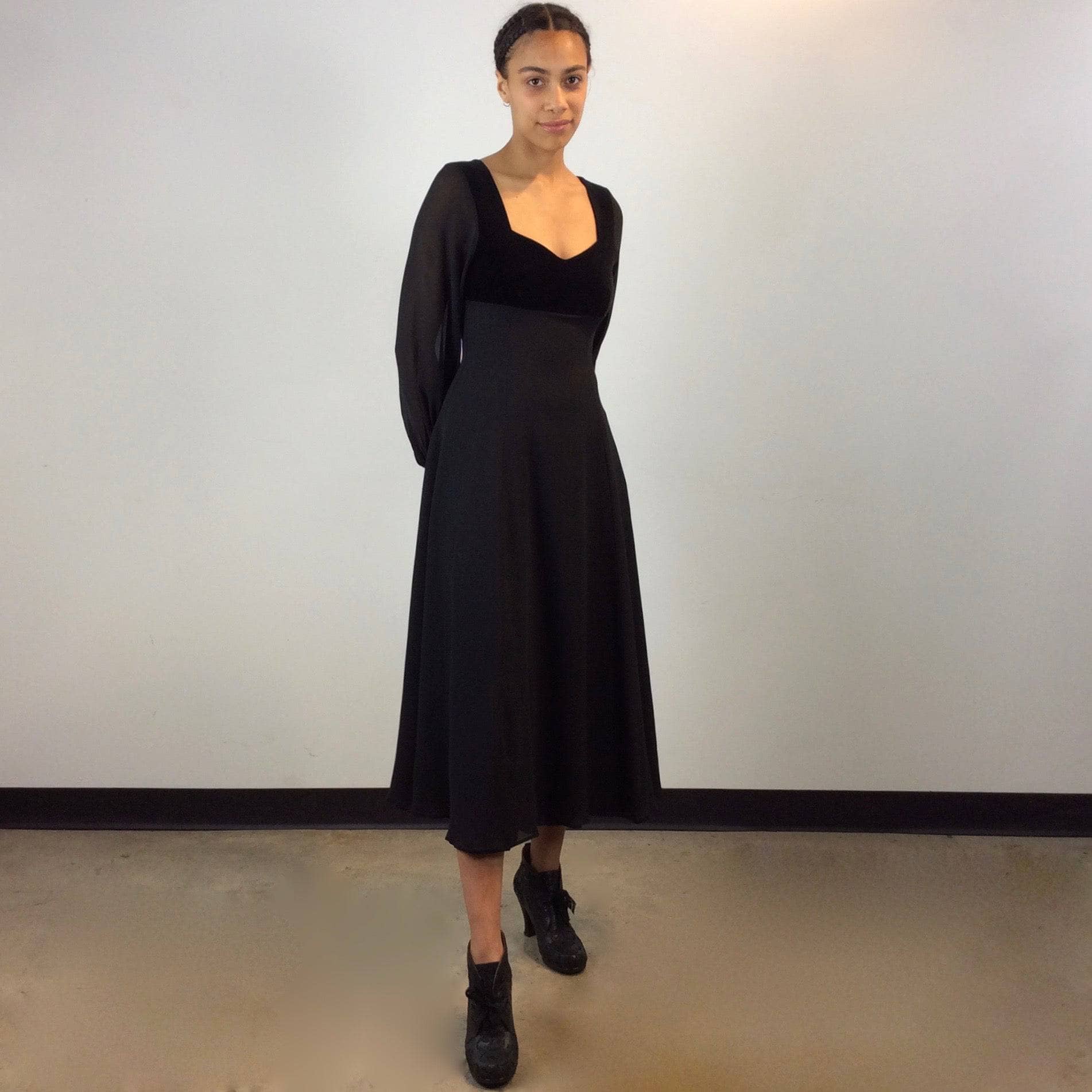 1990s Laura Ashley Long Sleeve Flowy Black silk and velvet Midi Dress size Small, made in the UK